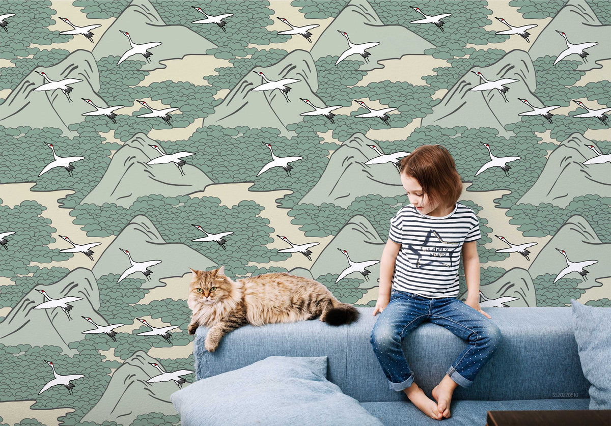 3D Watercolor Japanese Mountain Crane Wall Mural Wallpaper GD 4061