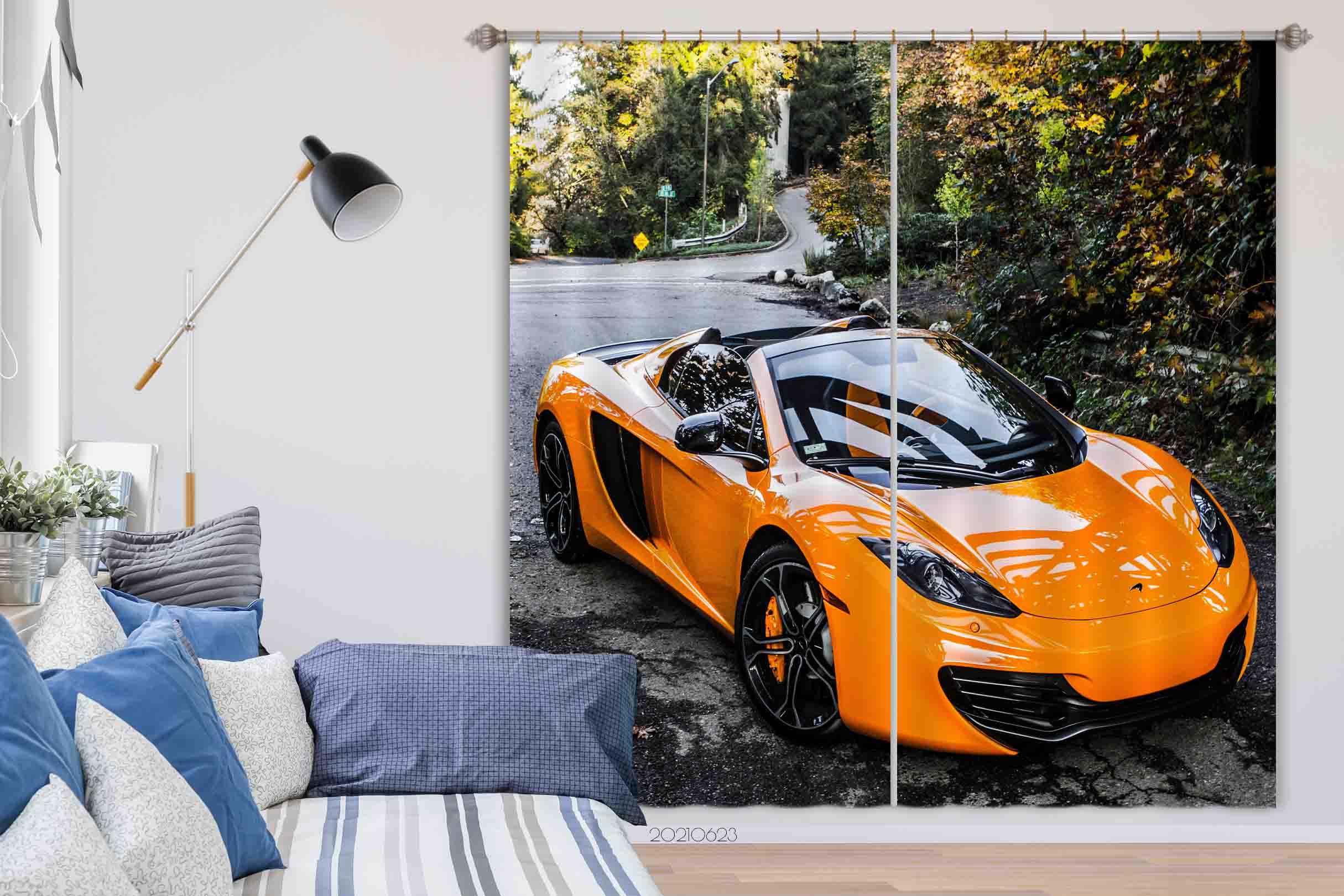 3D Yellow Sports Car Curtains and Drapes LQH 3- Jess Art Decoration