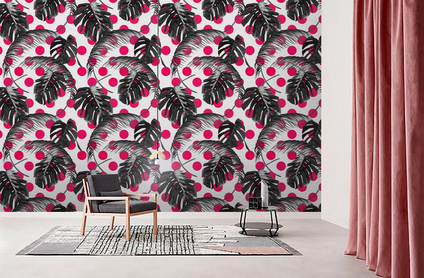 3D Black Leaves Pink Dots Wall Mural Wallpaper 141- Jess Art Decoration
