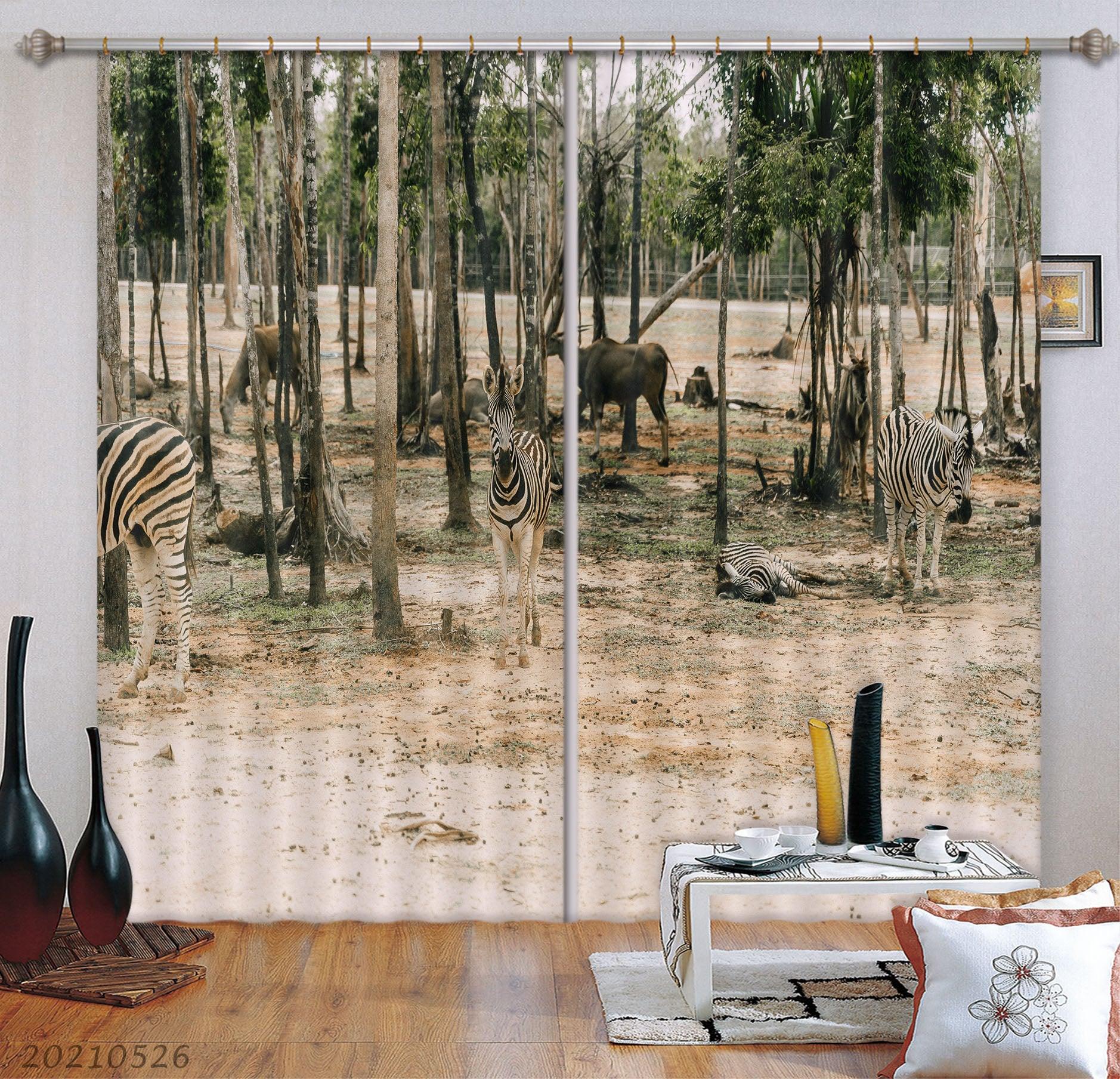 3D Zoo Zebra Antelope Feeding Area Curtains and Drapes GD 502- Jess Art Decoration