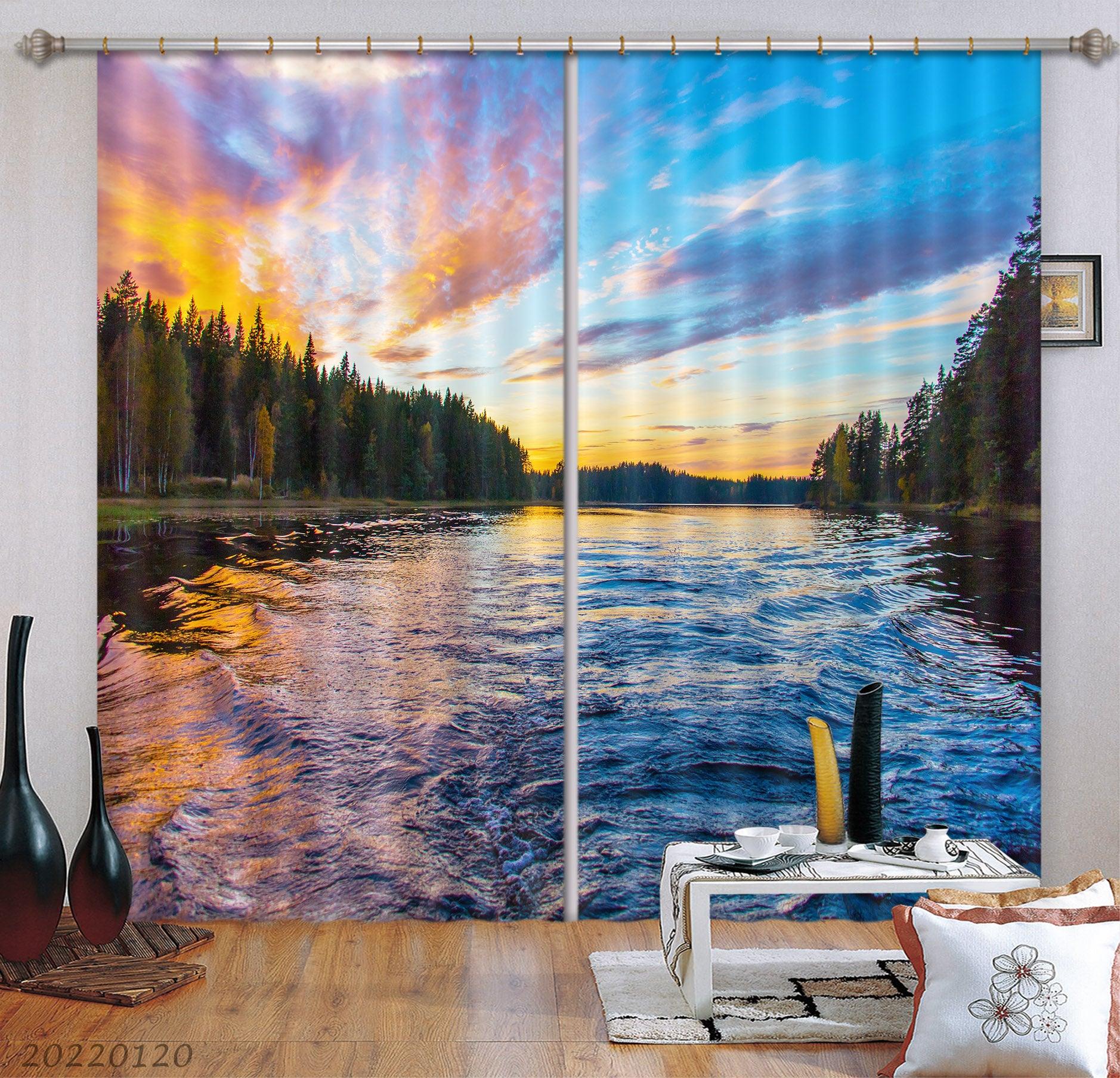 3D Woods River Golden Sky Cloud Curtains and Drapes GD 1757- Jess Art Decoration