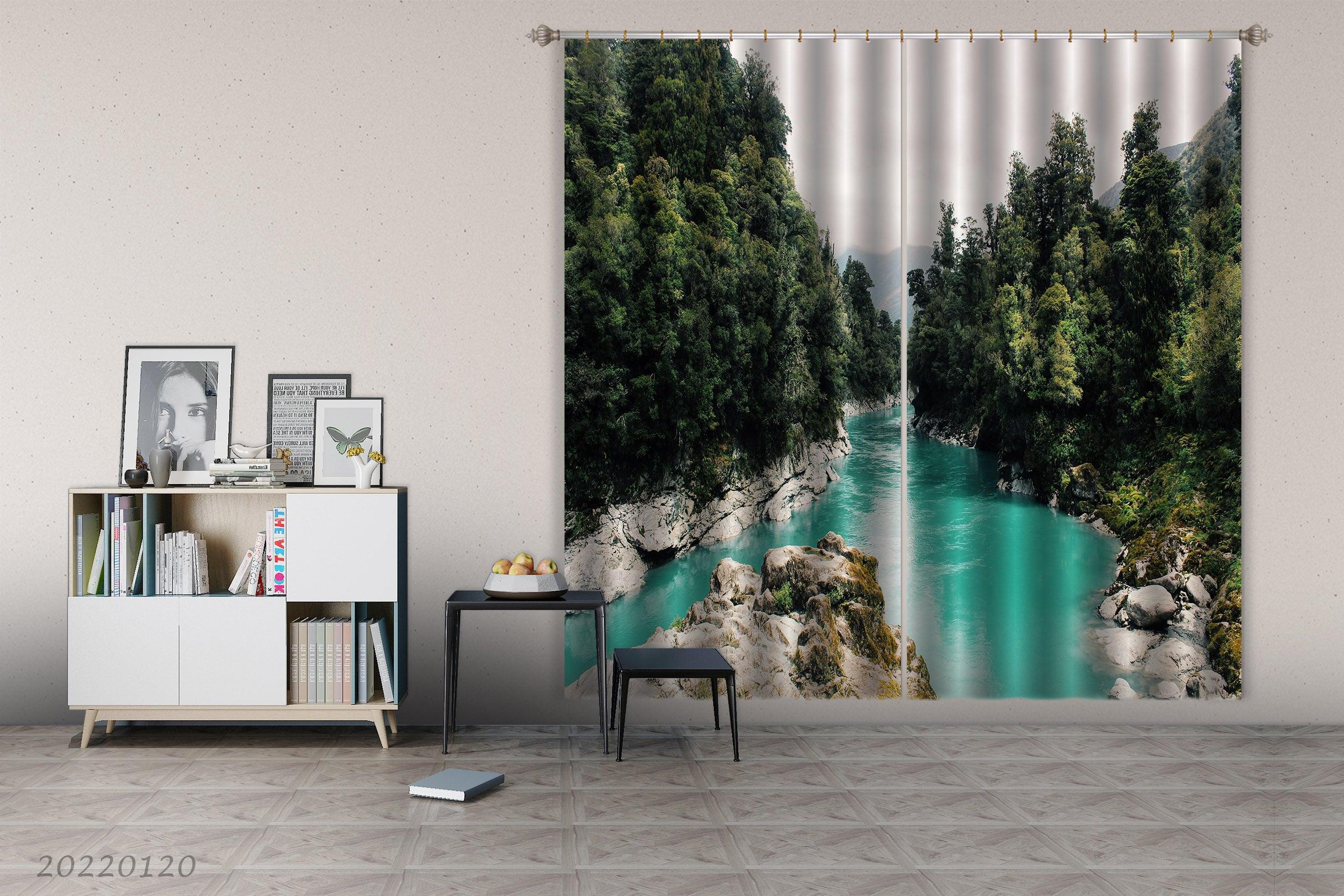 3D Woods River Stone Landscape Curtains and Drapes GD 1862- Jess Art Decoration