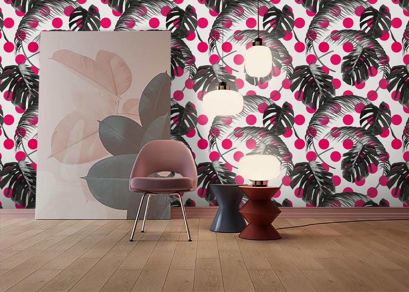 3D Black Leaves Pink Dots Wall Mural Wallpaper 141- Jess Art Decoration