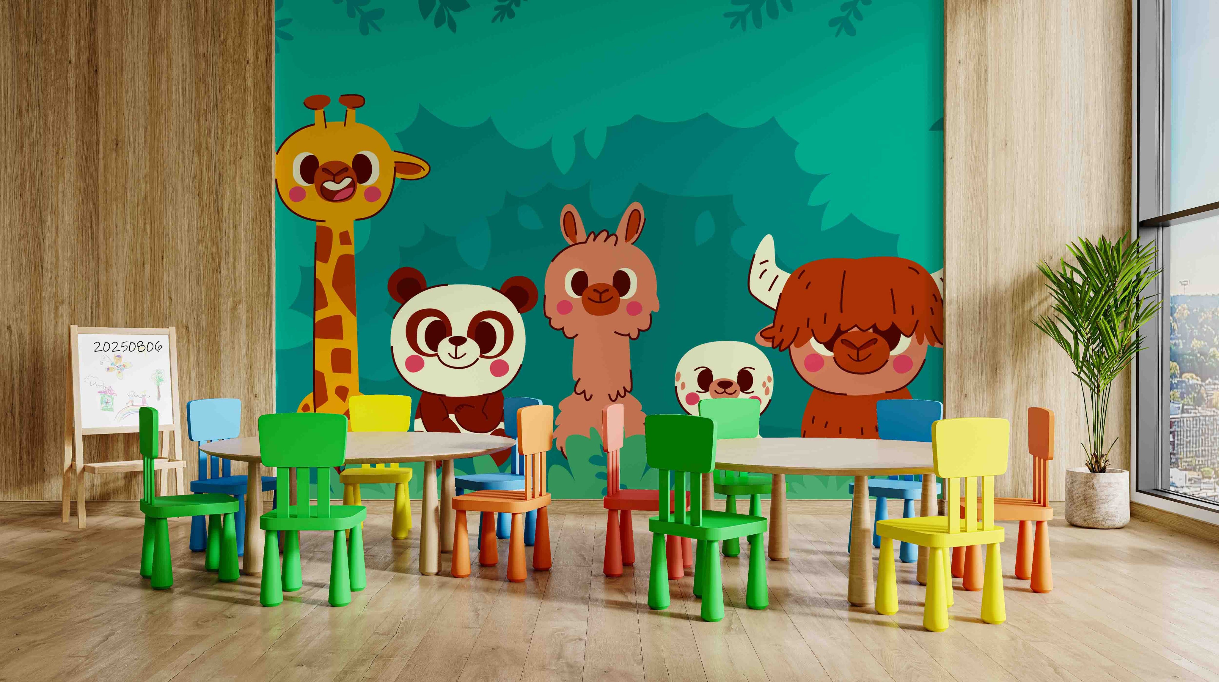 3D Childcare Nursery School Cartoon Animals Kids Green Wall Mural Wallpaper JN