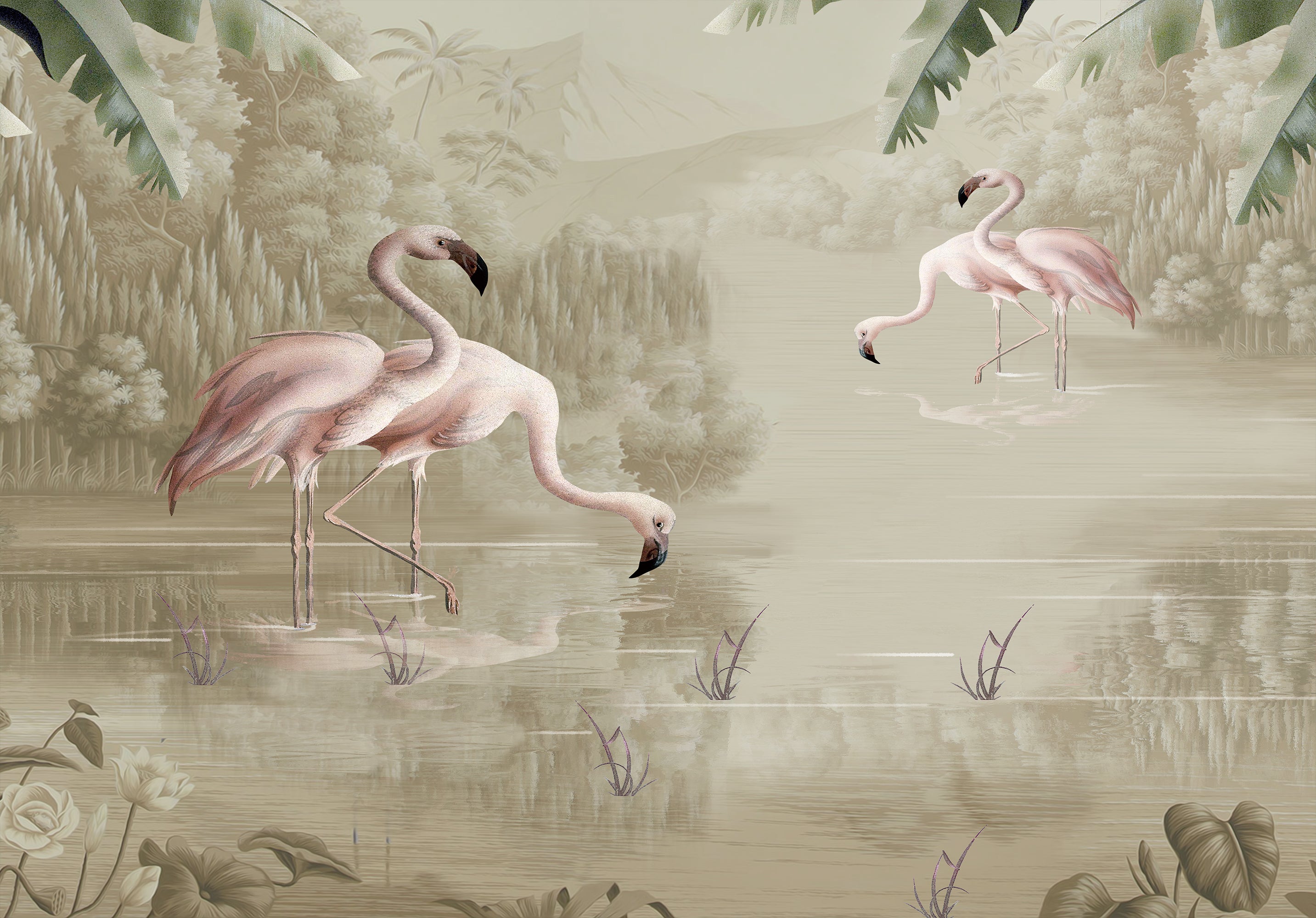 3D Animal Flamingo River Reed Leaf Wall Mural Wallpaper YXL 5- Jess Art Decoration