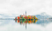 3D Building Lake Mountains Fog Autumn Landscape Wall Mural Wallpaper JN 401