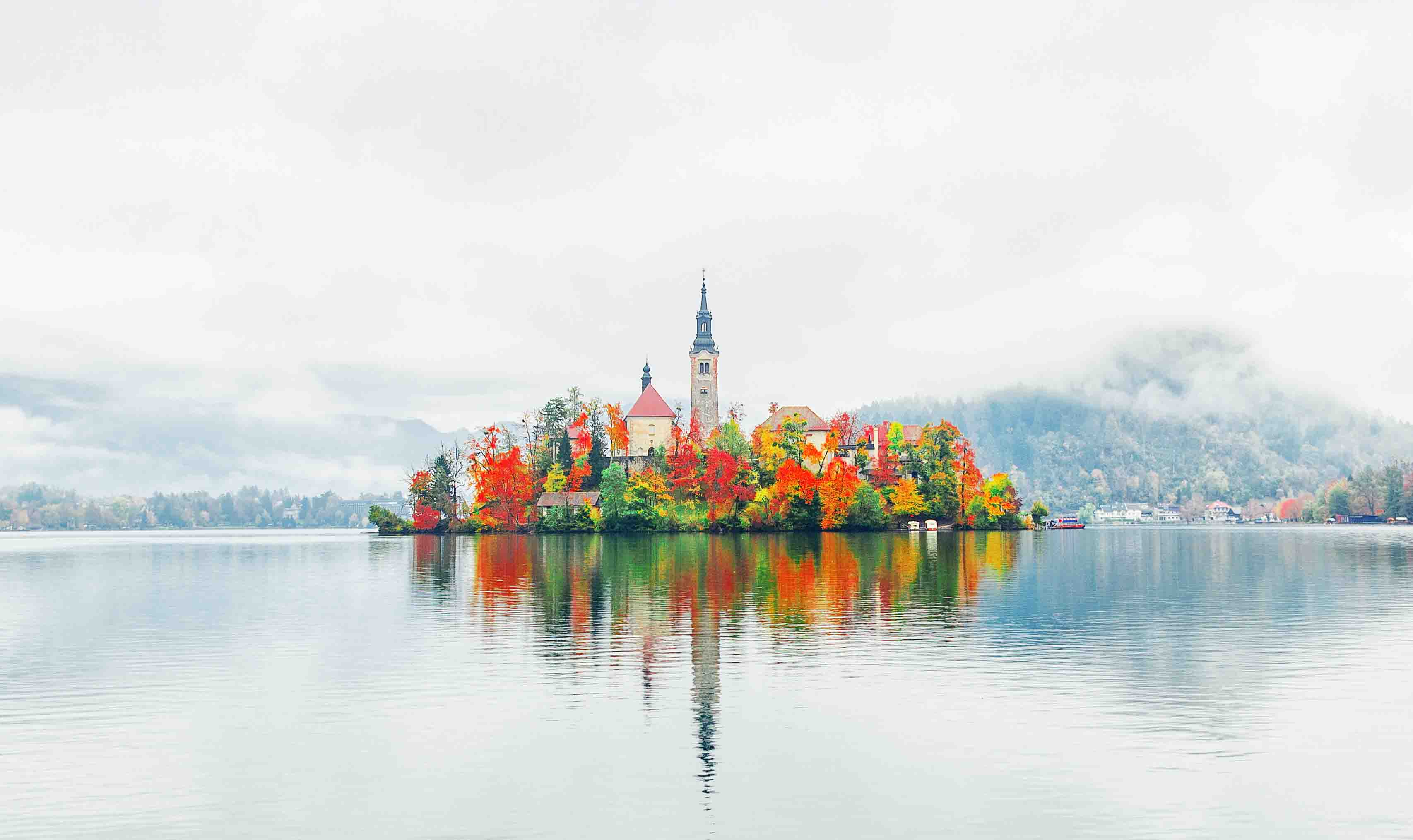 3D Building Lake Mountains Fog Autumn Landscape Wall Mural Wallpaper JN 401