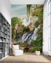 3D Mountain Waterfall Green Forest Trees Floral Landscape Wall Mural Wallpaper GD 4301- Jess Art Decoration