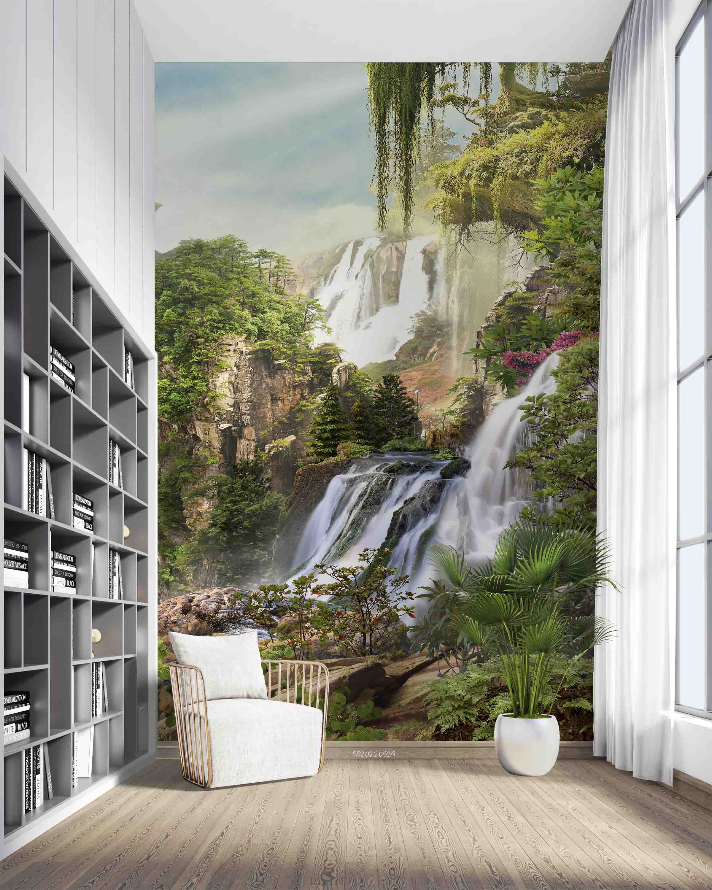 3D Mountain Waterfall Green Forest Trees Floral Landscape Wall Mural Wallpaper GD 4301- Jess Art Decoration