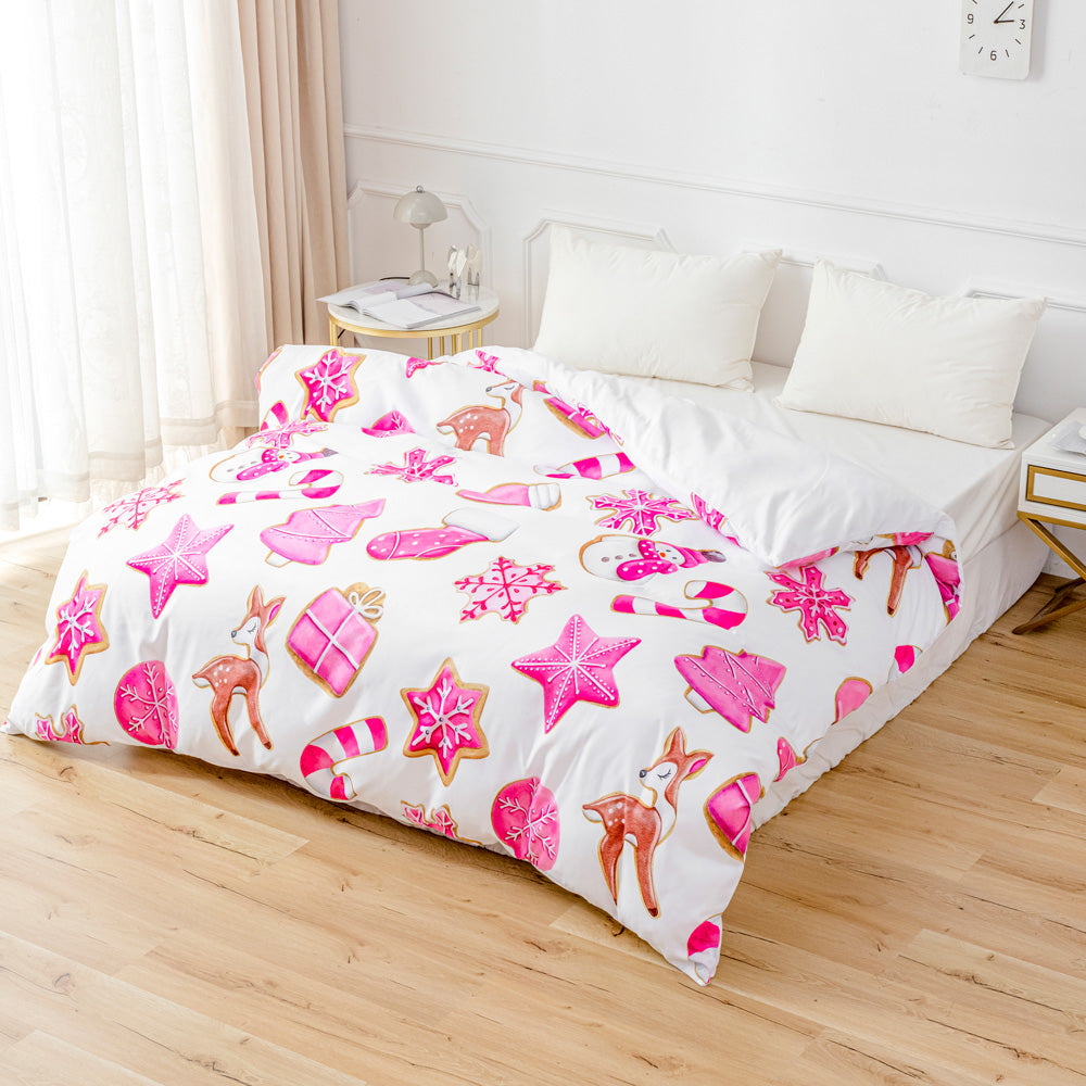 3D Pink Snowflake Deer Gift Christmas Quilt Cover Set Bedding Set Duvet Cover Pillowcases 665- Jess Art Decoration