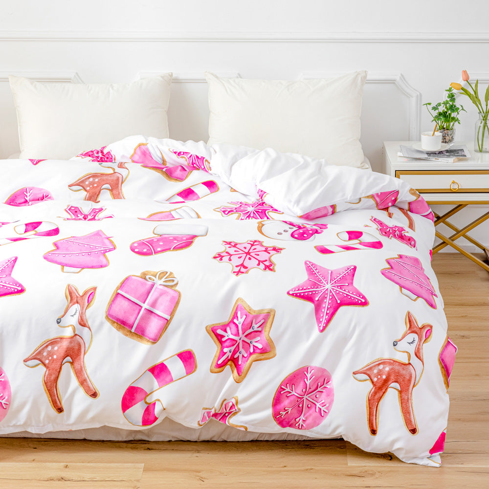 3D Pink Snowflake Deer Gift Christmas Quilt Cover Set Bedding Set Duvet Cover Pillowcases 665- Jess Art Decoration