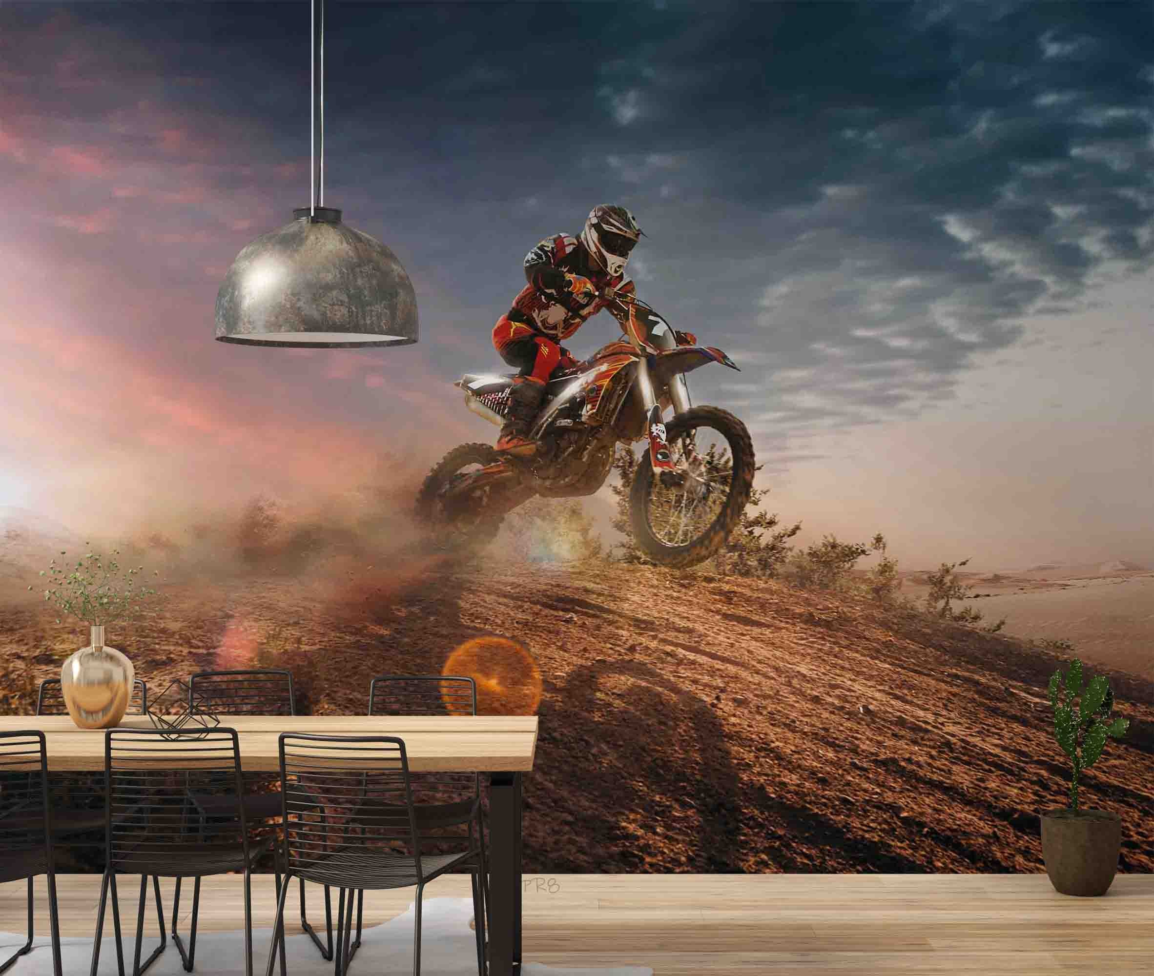 Motocross Rider Hillside Sunset Action Sports Wallpaper action sports wall mural for sports room or entertainment space