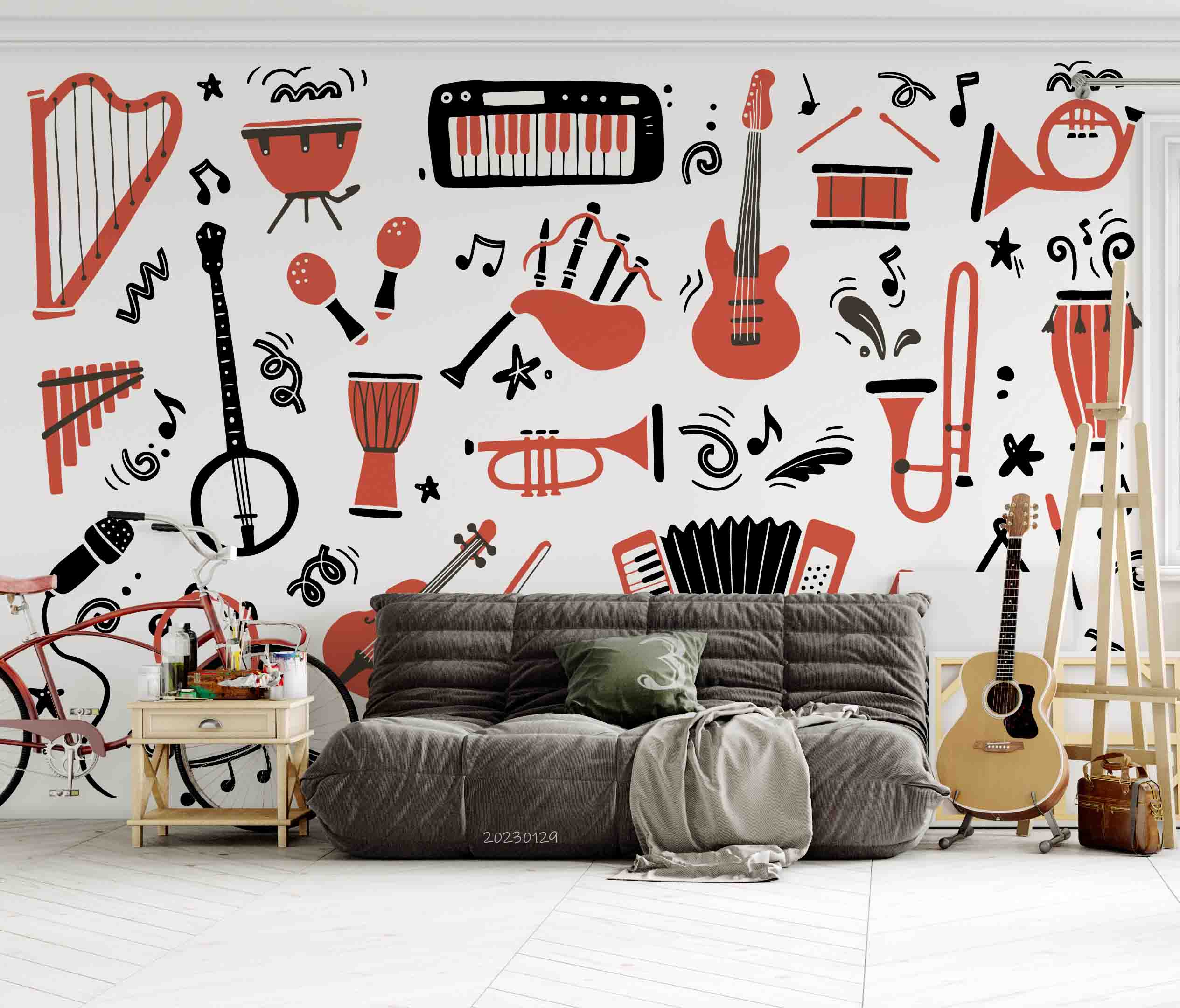 3D Pattern Guitar Piano Drum Trumpet Black Croci Wall Mural Wallpaper YXL 11- Jess Art Decoration