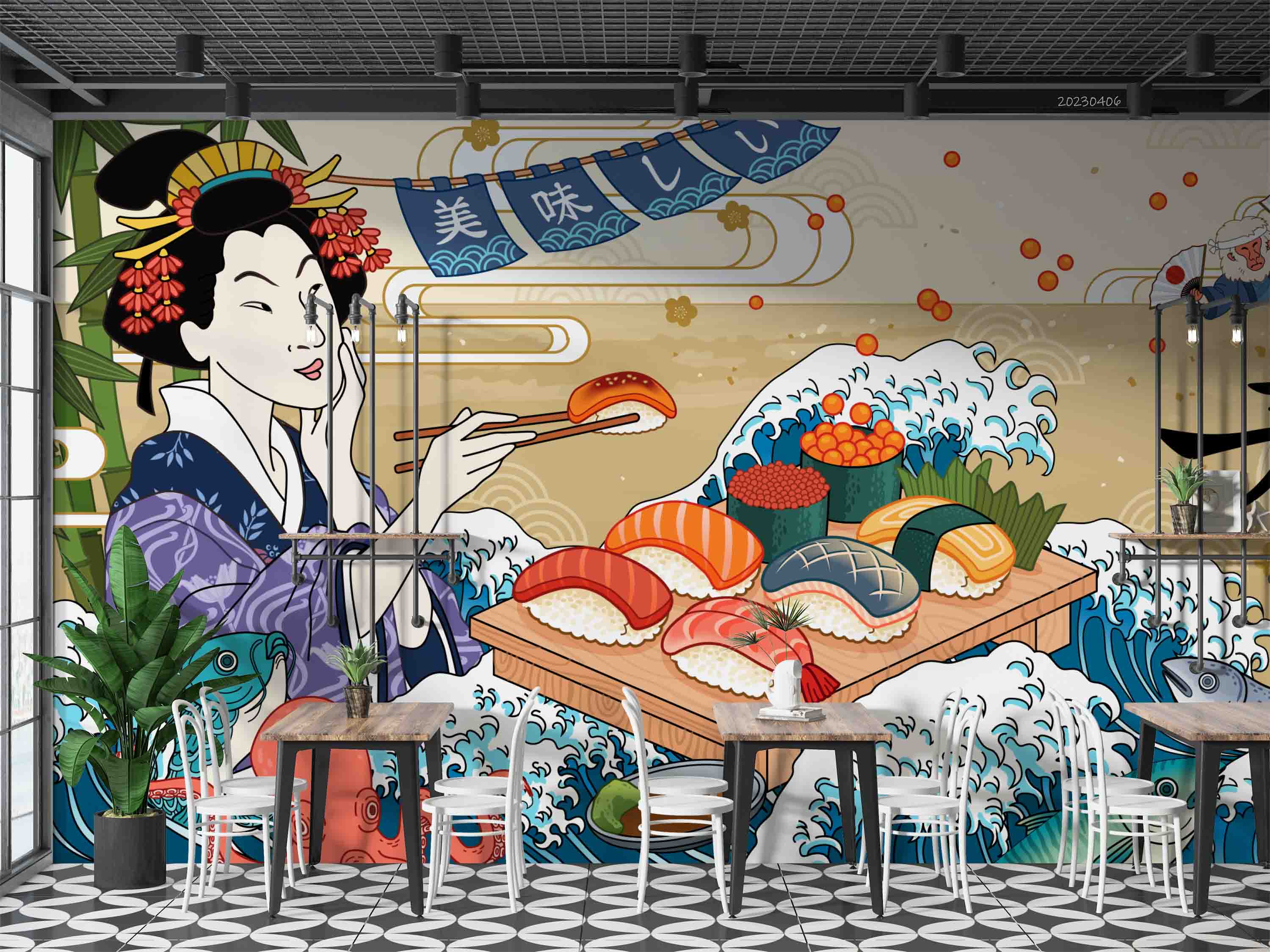 3D Japanese Geisha Wave Japanese geisha wave illustration wall mural wallpaper for dining room