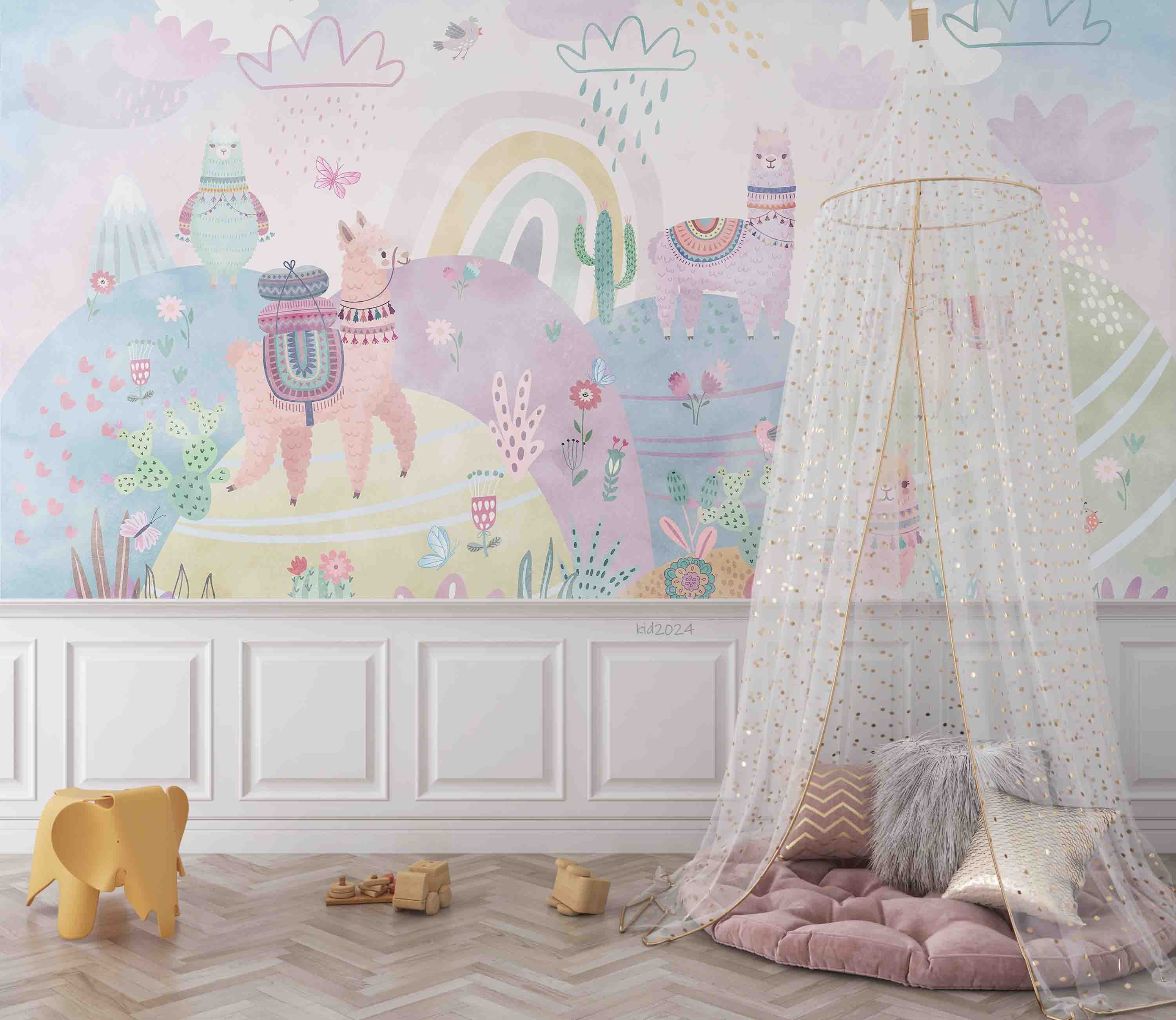 3D Flower Alpaca Mountain Rain Cloud Cactus Wall Mural Wallpaper YXL 407