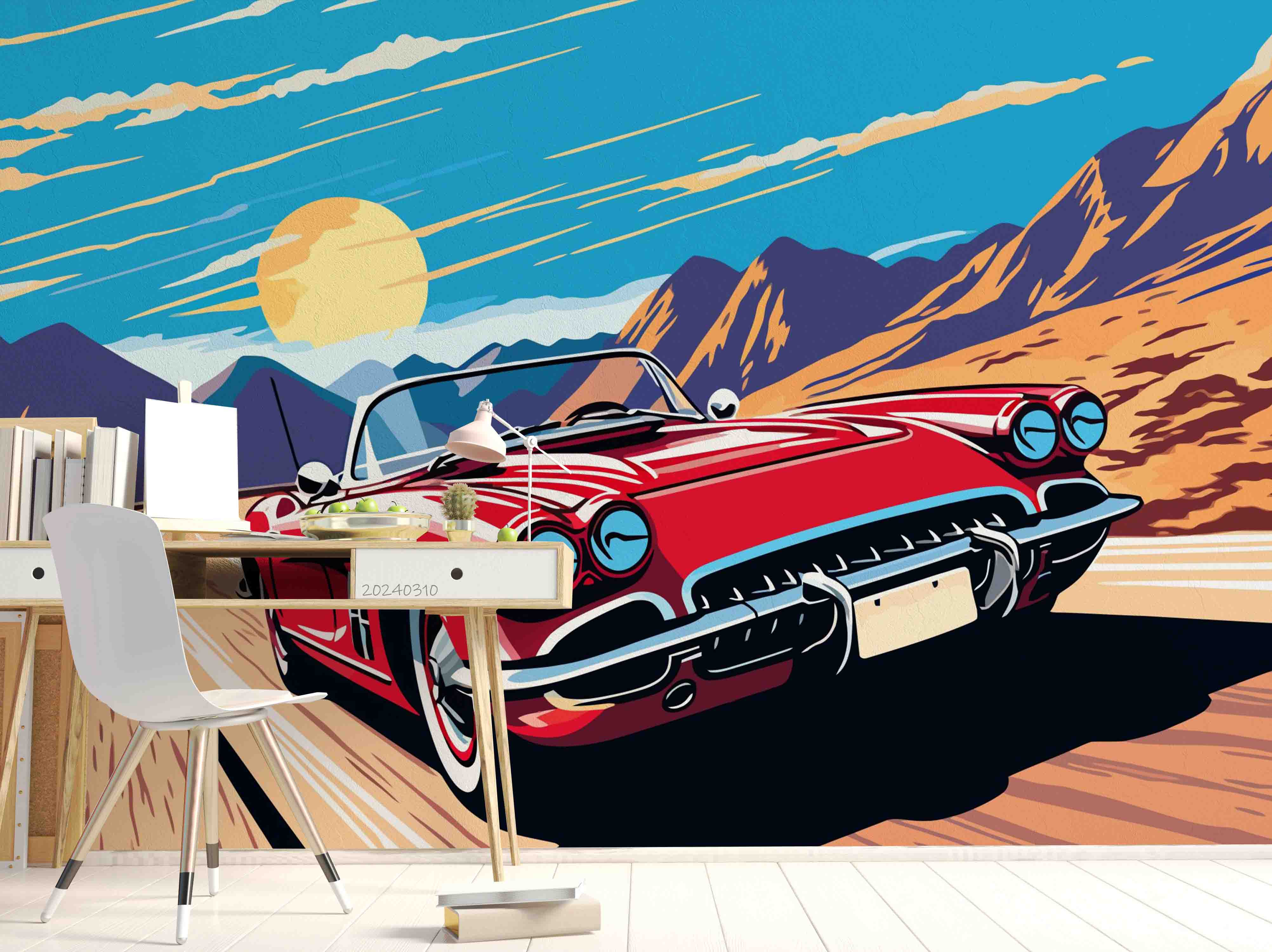 3D Cartoon Sky Mountains Red Sports Car Wallpaper Wall Mural Wall Decor Wall Art Wall Sticker Remoable Wallpaper