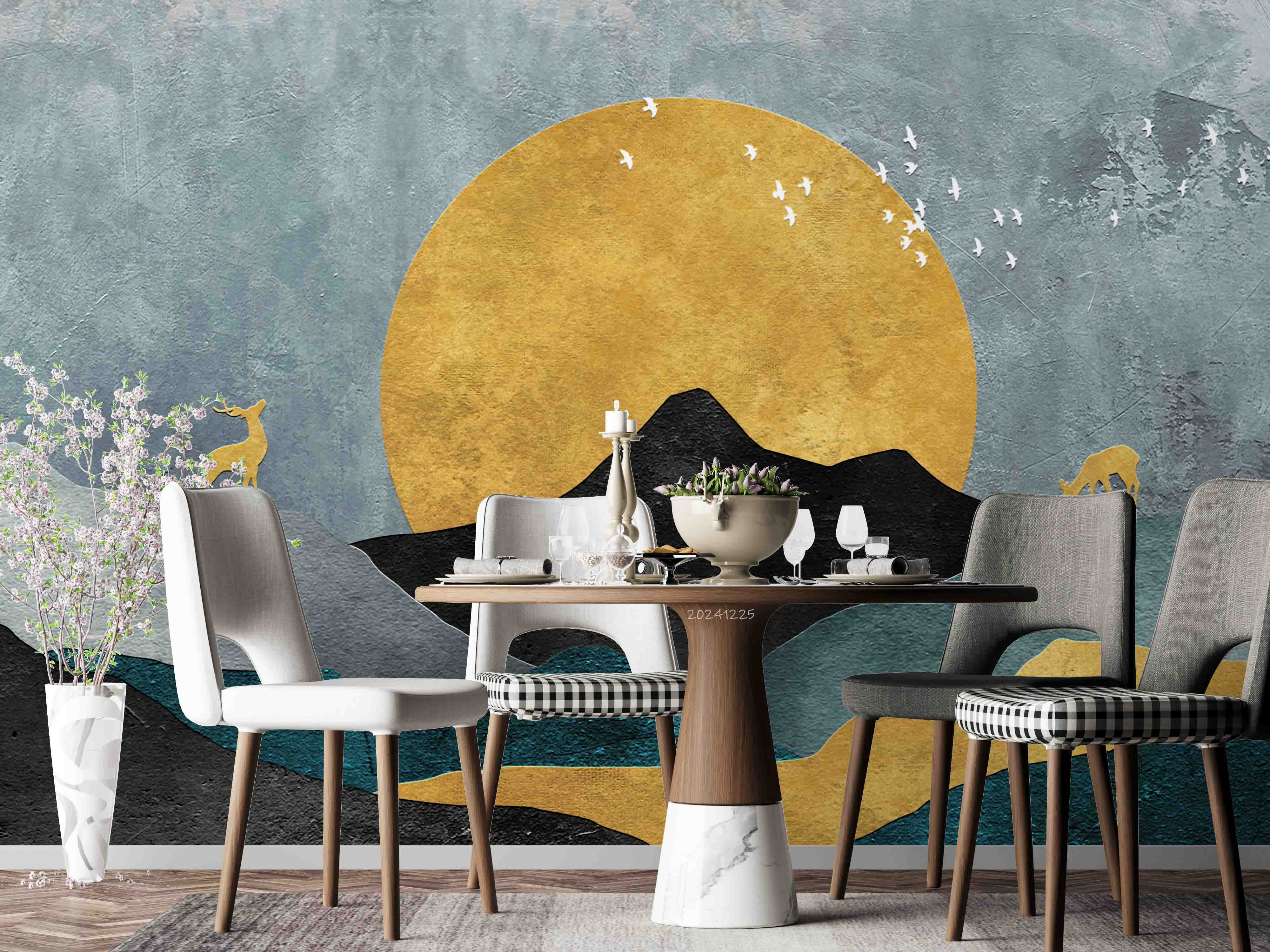 3D Abstract Mountains Sunrise Deer Wallpaper Wall Mural Wall Decor Wall Art Wall Sticker Remoable Wallpaper LQH 52