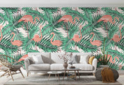 3D Green Tropical Jungle Palm Leaves Pink Exotic Flamingo Wall Mural Wallpaper GD 5157- Jess Art Decoration