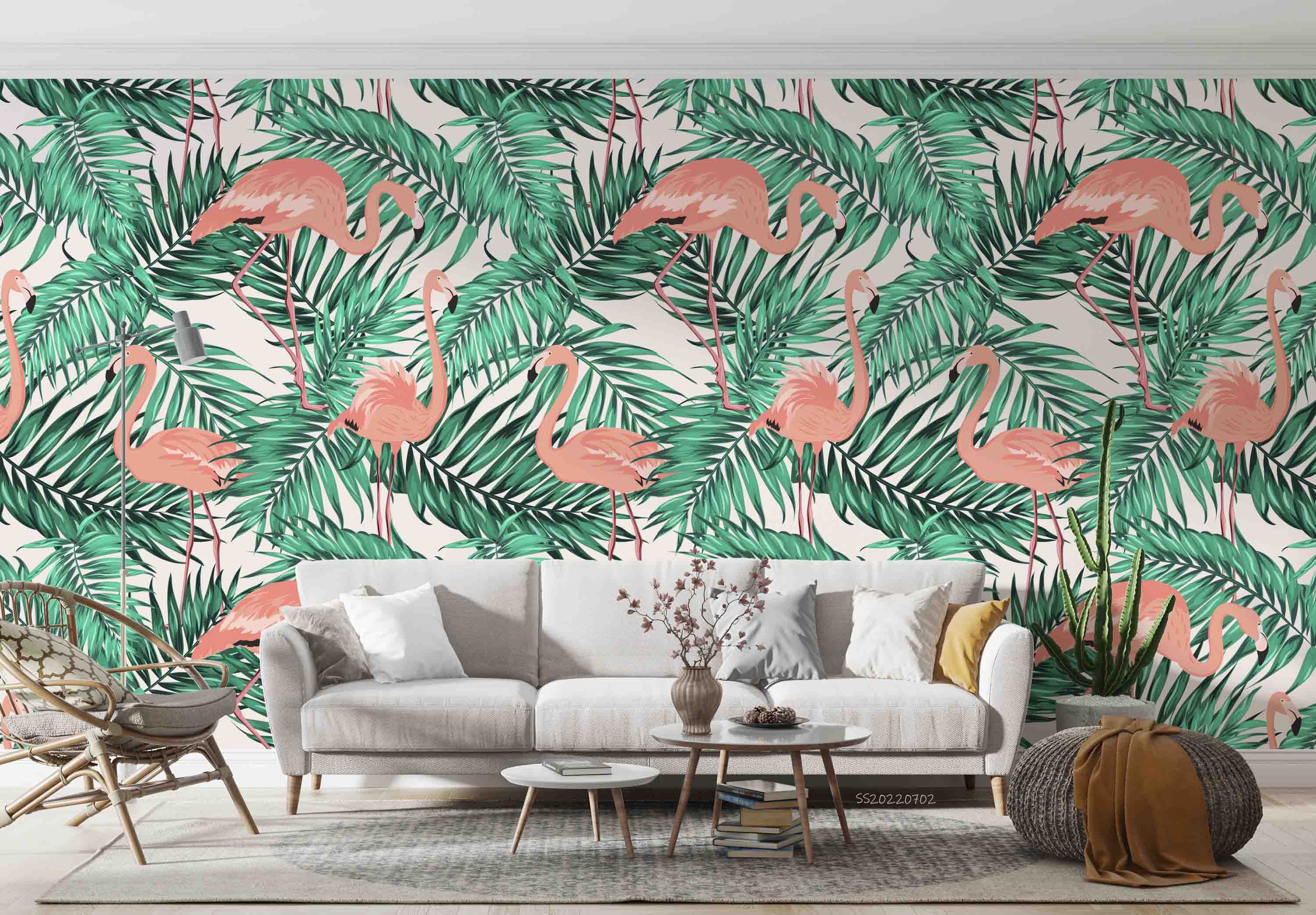3D Green Tropical Jungle Palm Leaves Pink Exotic Flamingo Wall Mural Wallpaper GD 5157- Jess Art Decoration