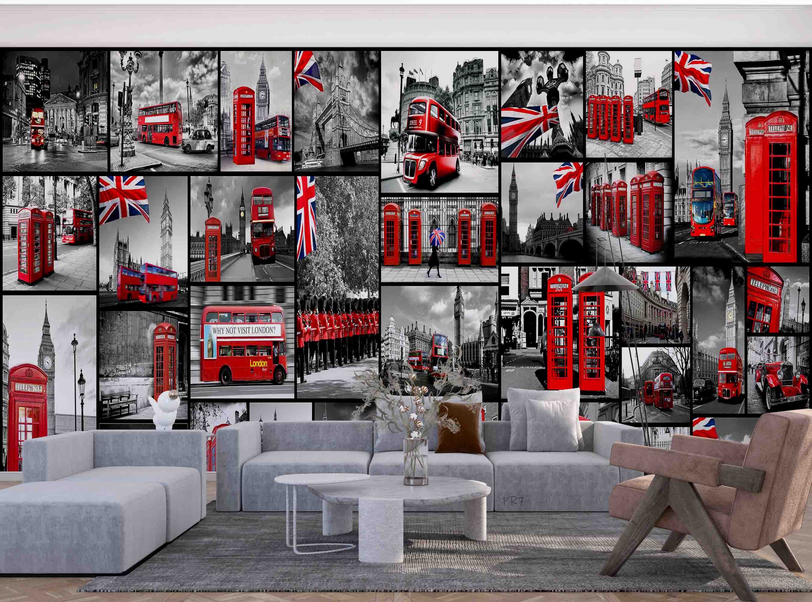 UK Street Red Telephone Booth Bus Guard Wallpaper urban graffiti wall mural for teen room, studio or feature wall