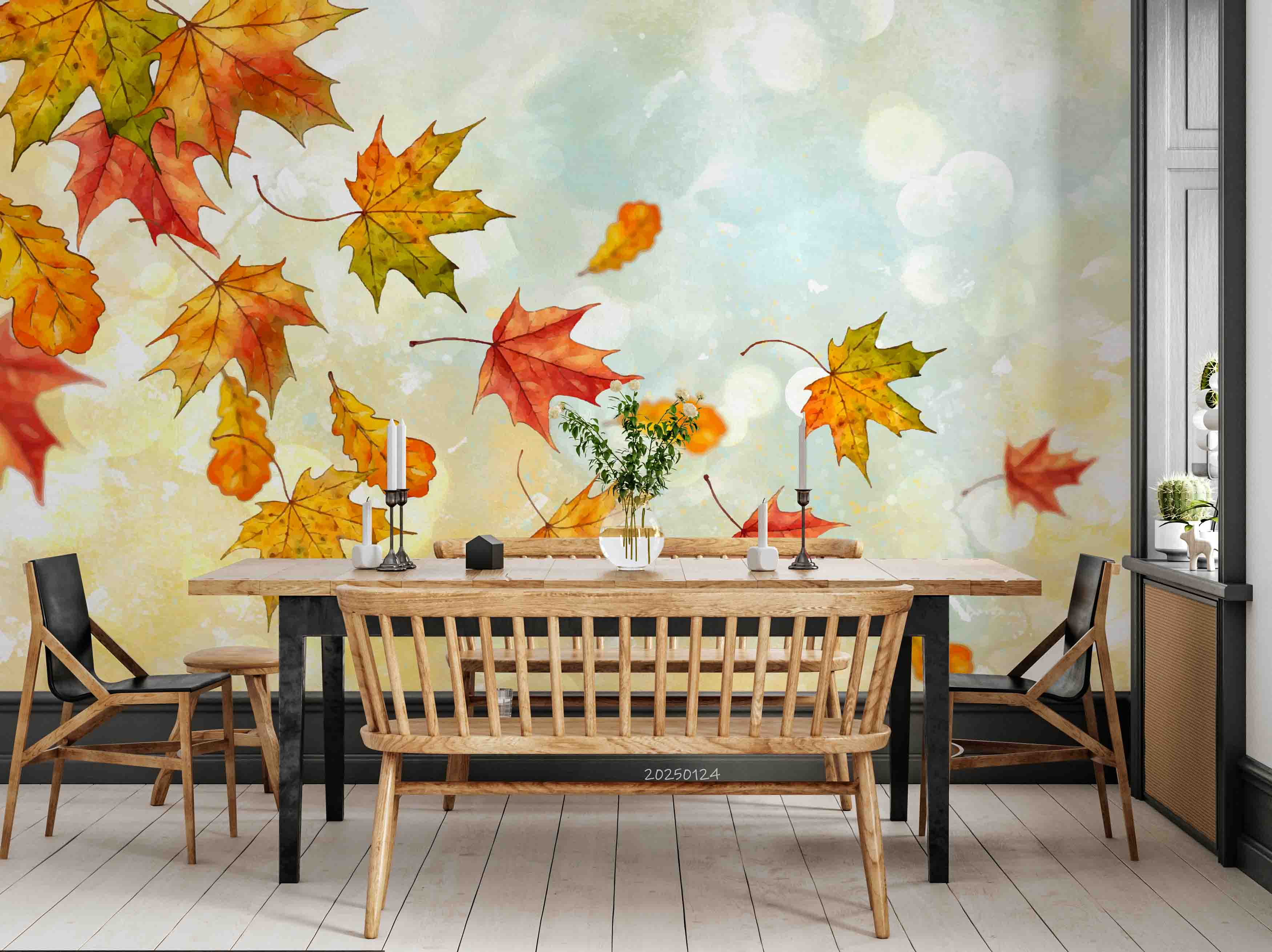 3D Watercolor Autumn Sky Colorful Maple Leaf Wallpaper Wall Mural Wall Decor Wall Art Wall Sticker Remoable Wallpaper LQH 23