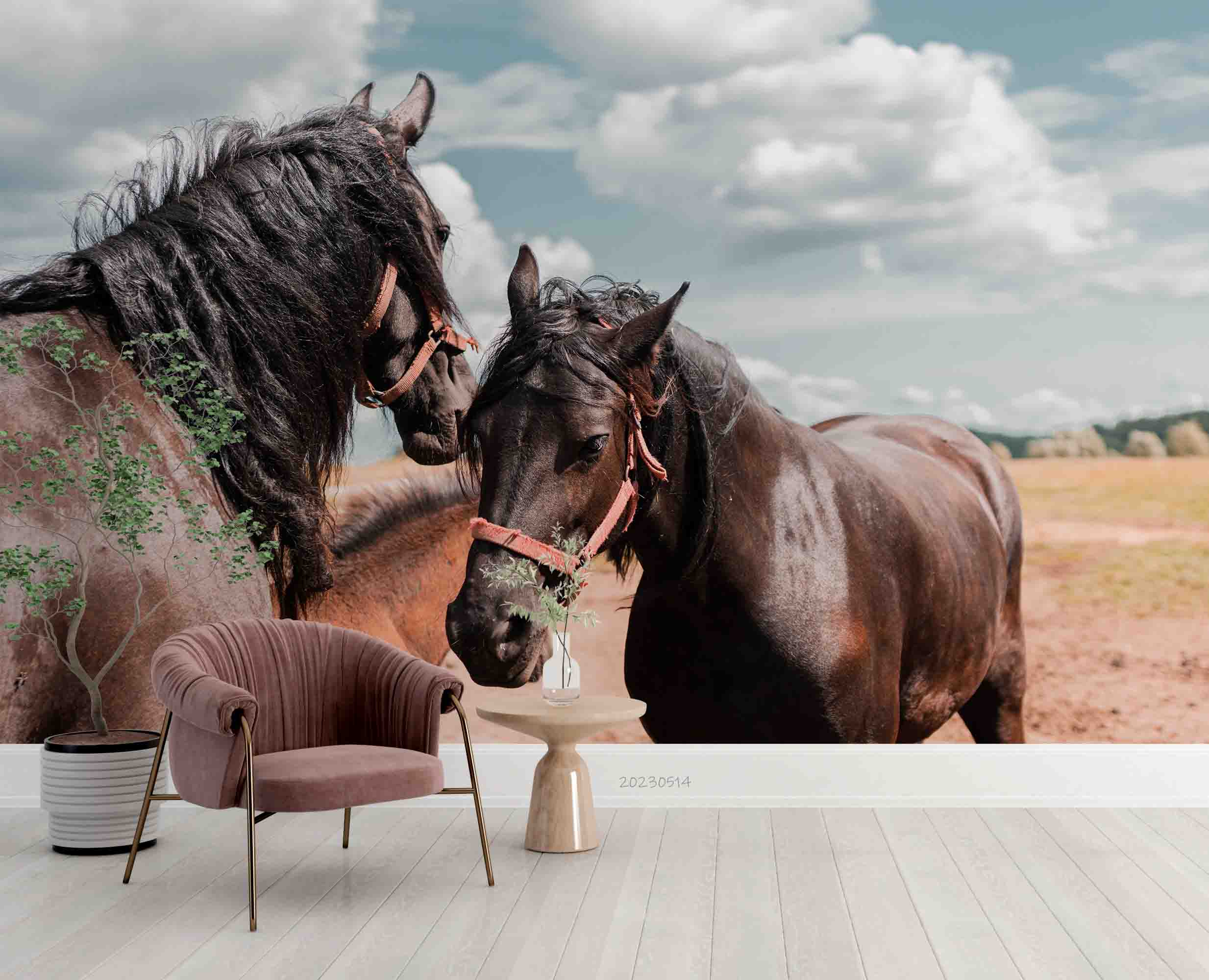 3D Brown Black Horses Pasture Wall Mural Wallpaper GD 5313- Jess Art Decoration
