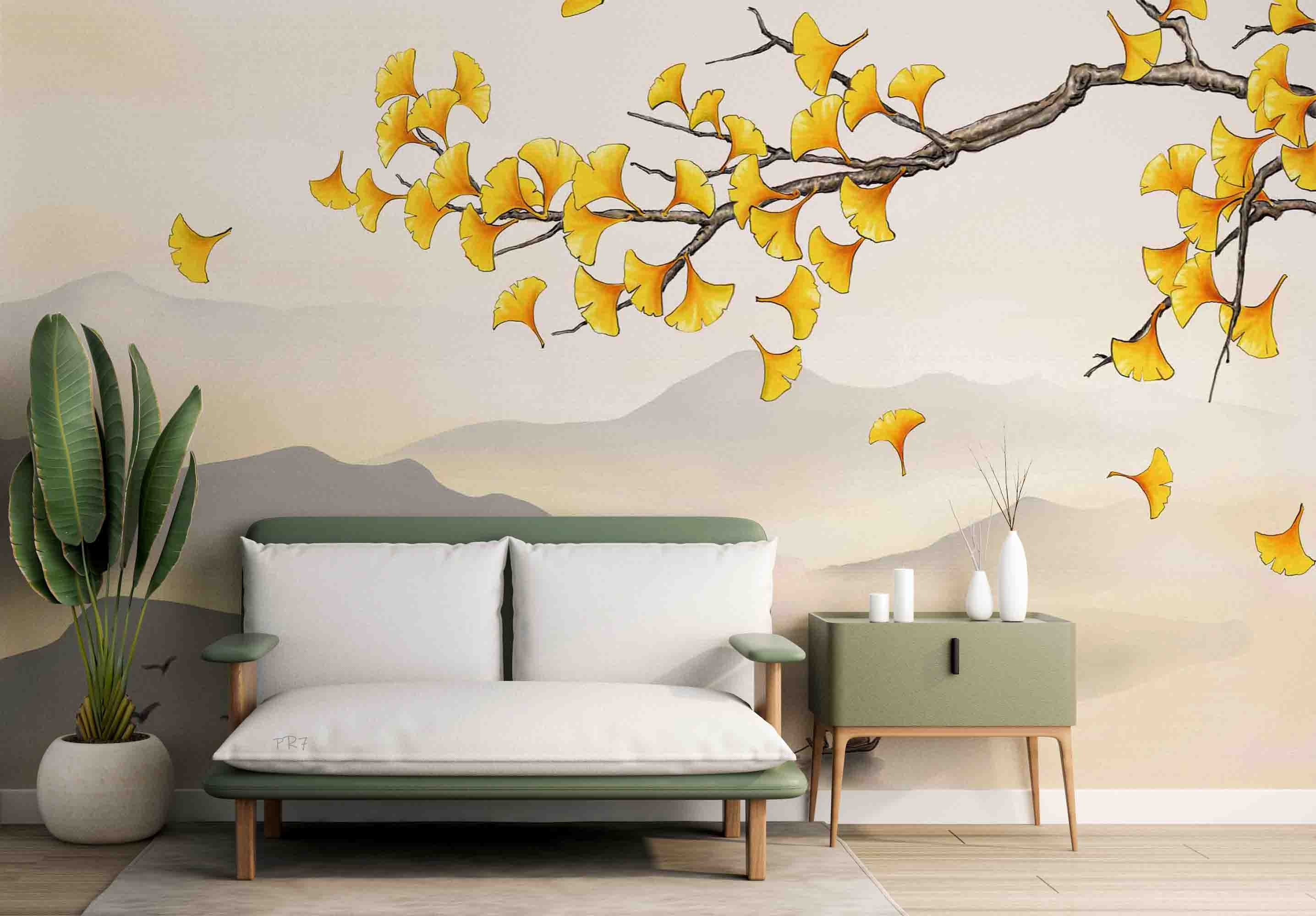 3D Autumn Mountain Branch Yellow Ginkgo Leaf Wall Mural Wallpaper GD 4434- Jess Art Decoration