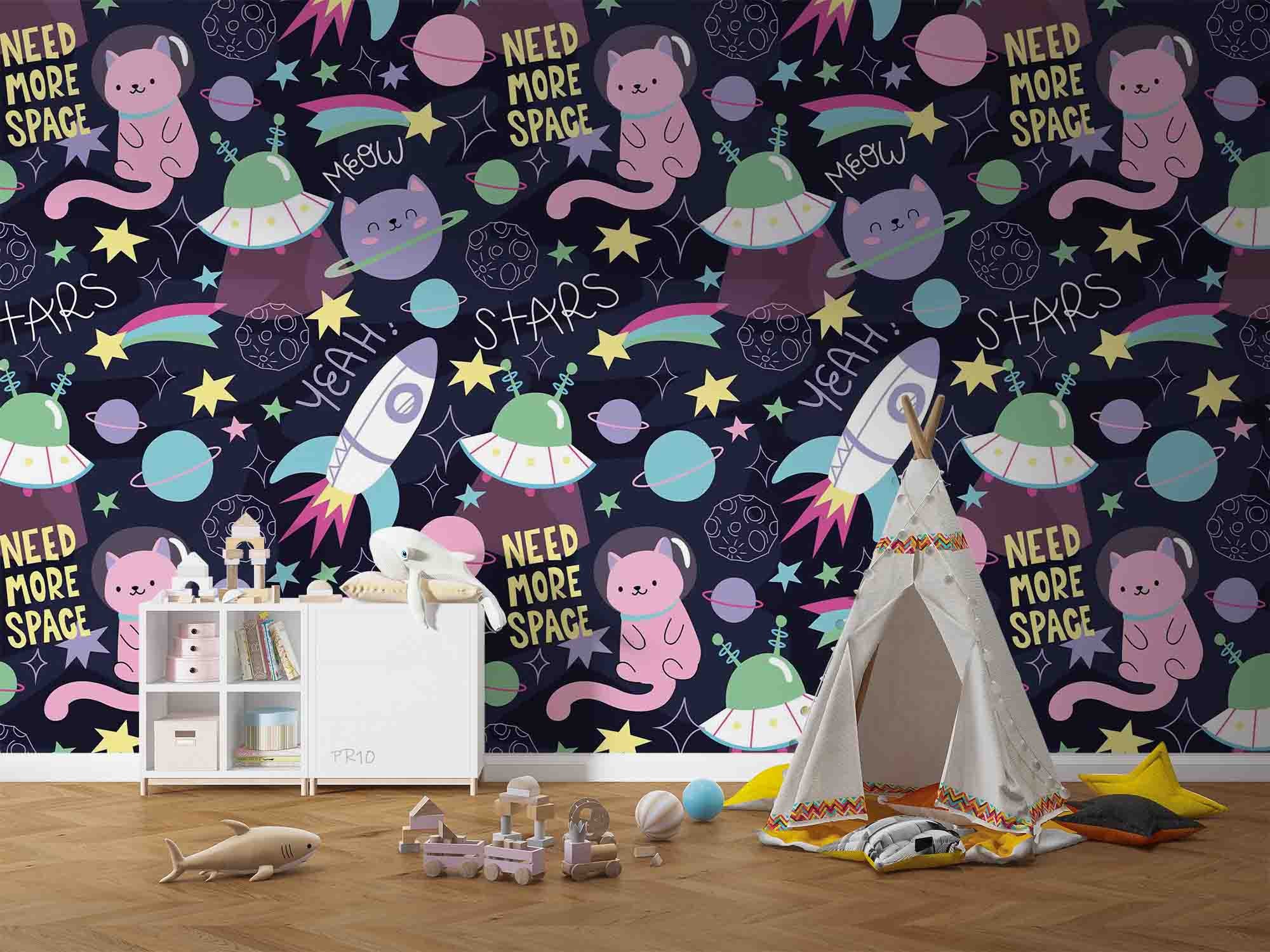 3D Space Cat Pattern space cat cartoon pattern wall mural wallpaper for playroom