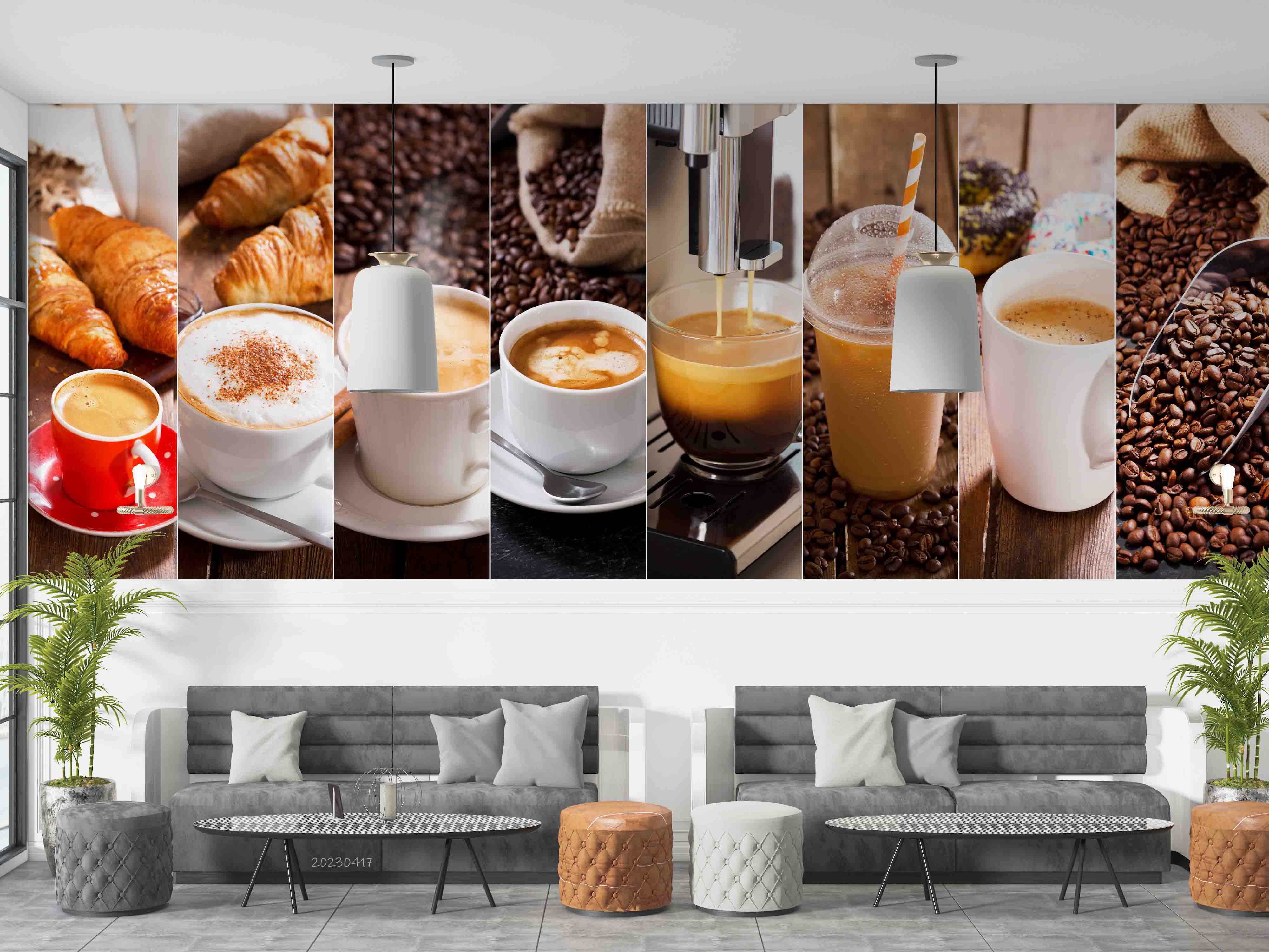 3D Coffee Cup Beans Croissant Wall Mural Wallpaper GD 5540- Jess Art Decoration