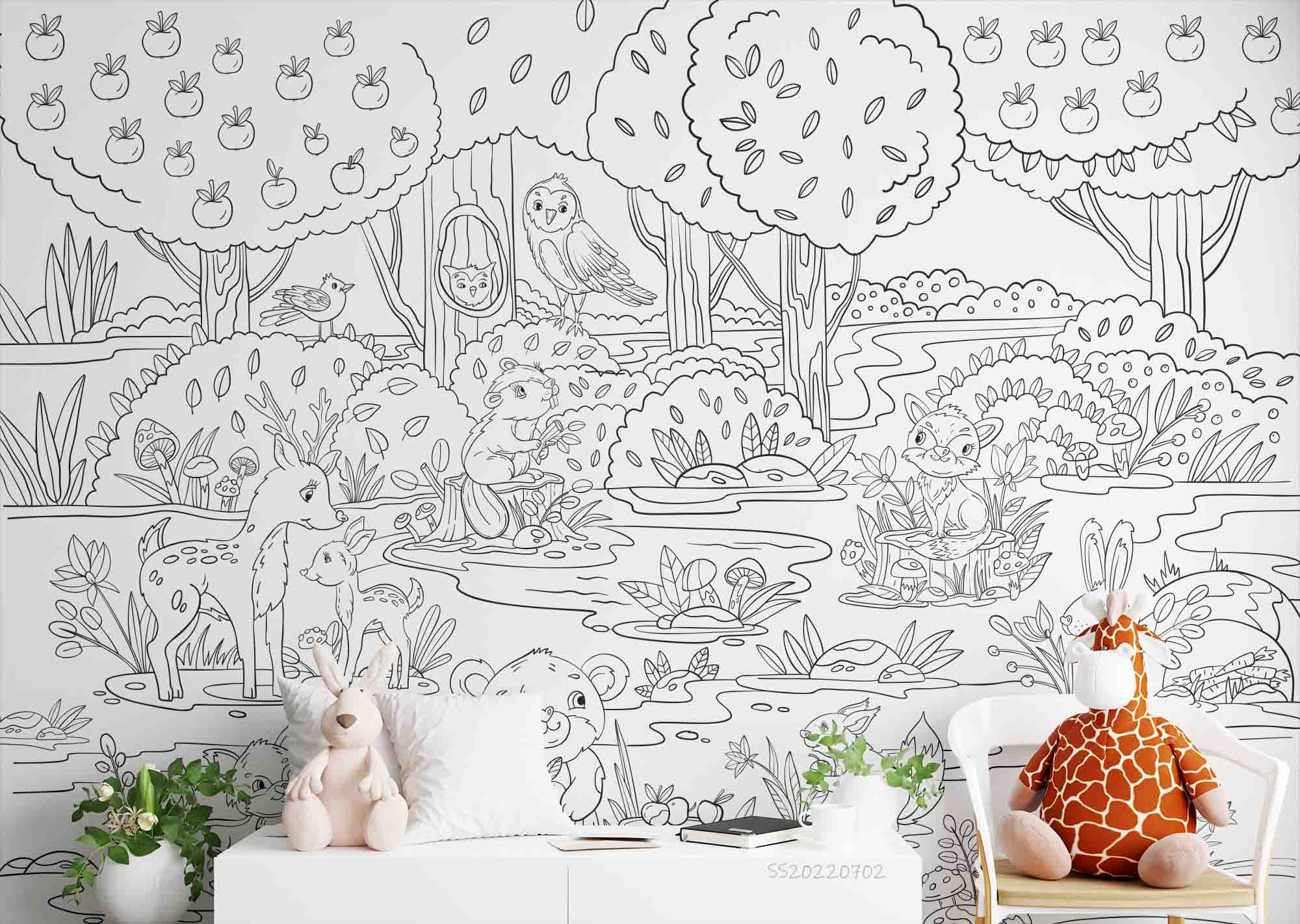 3D Doodle Cute Forest Animals Plants Trees Mushrooms Floral Wall Mural Wallpaper GD 5100- Jess Art Decoration
