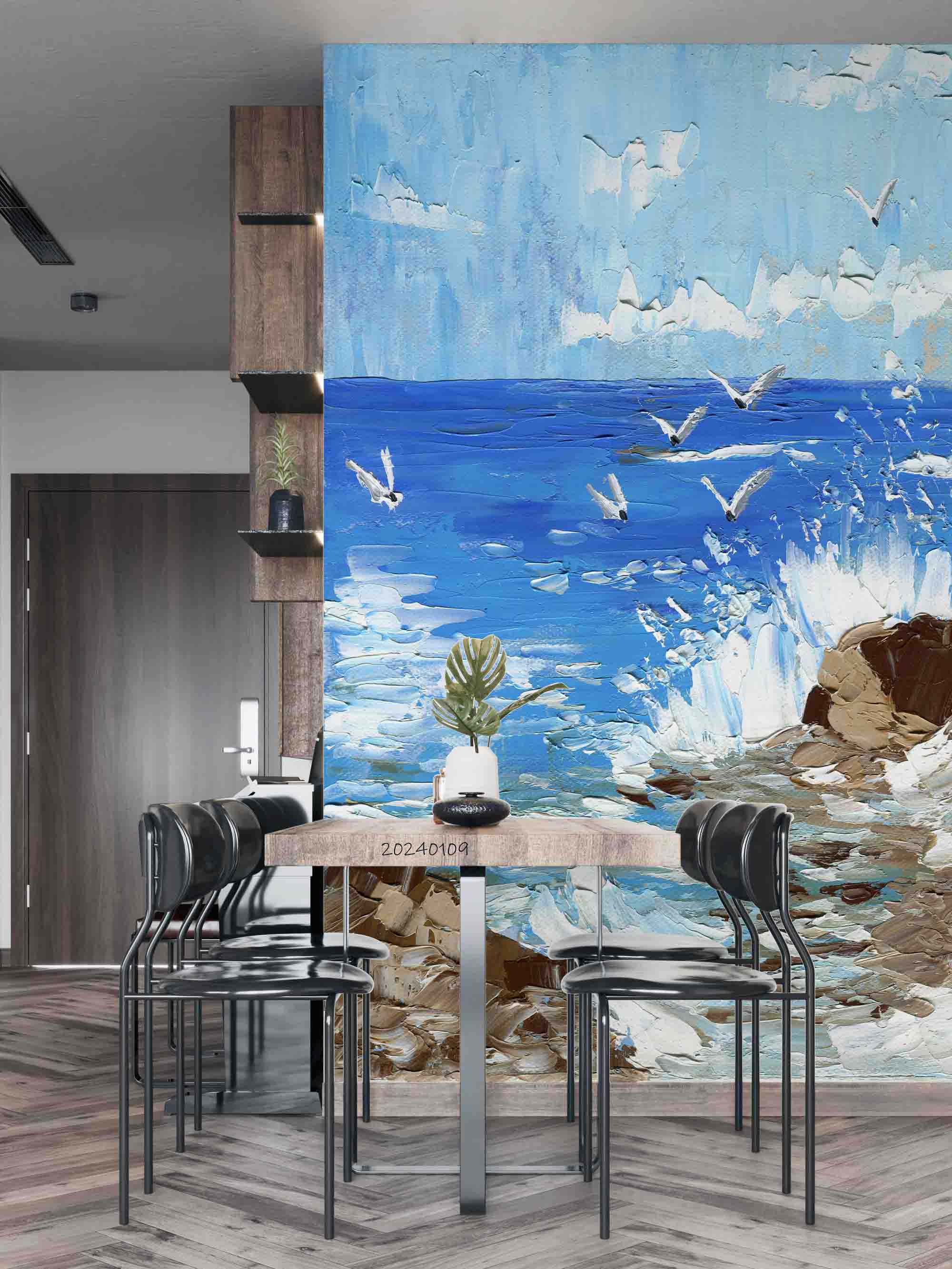 3D Oil Painting Sea Spindrift Stone Sea Mew Wall Mural Wallpaper YXL 145