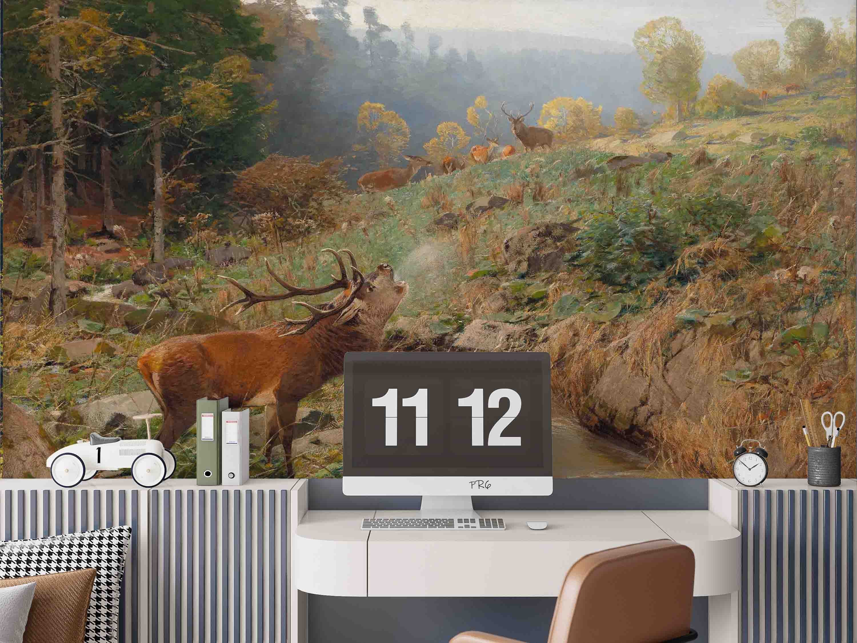 3D Animal Forest Wapiti River Stone Tree Wall Mural Wallpaper YXL 3- Jess Art Decoration