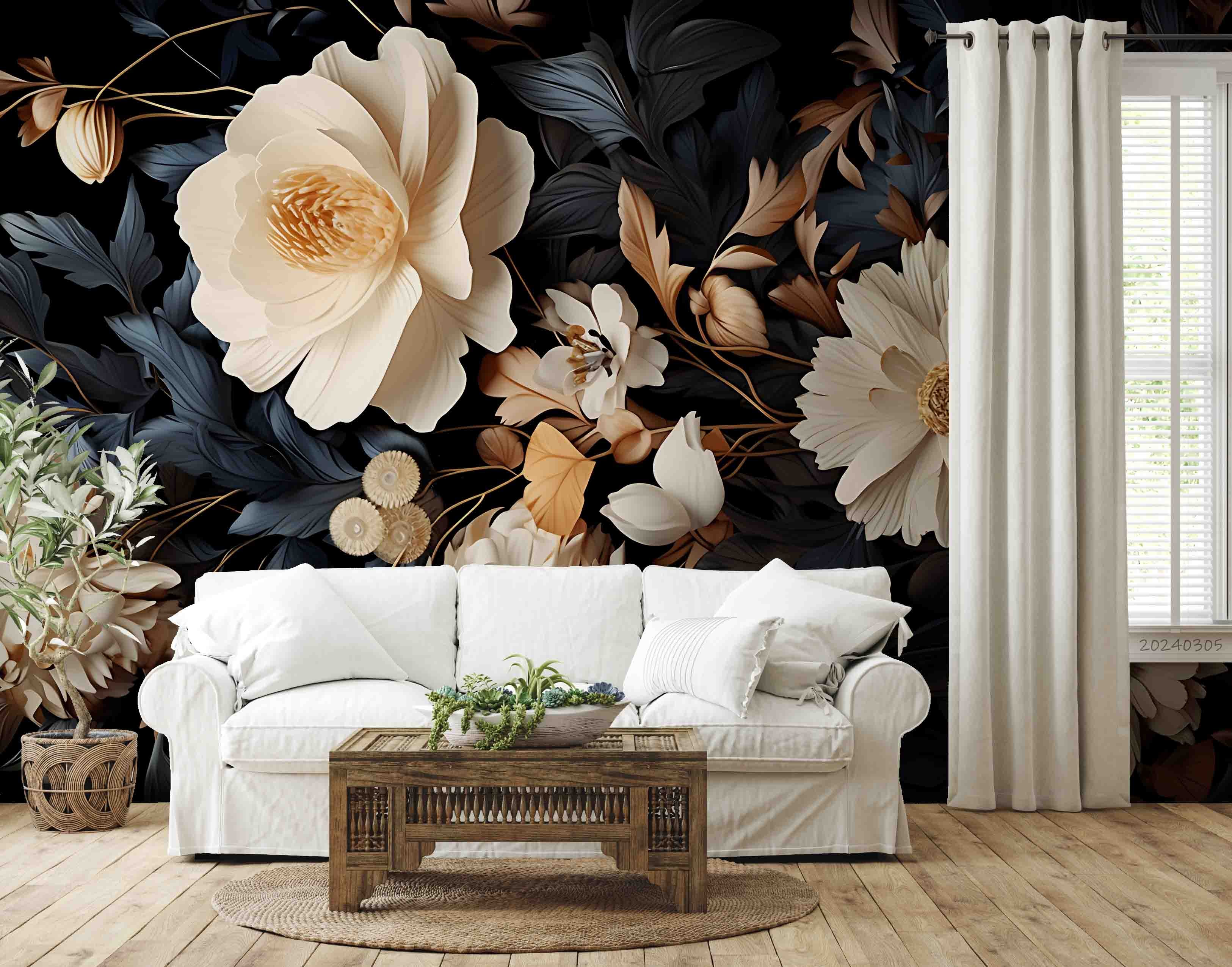 3D Floral Leaves Dark Background Wallpaper Wall Mural Wall Decor Wall Art Wall Sticker Remoable Wallpaper