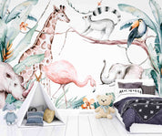 3D Animal Flamingo Giraffe Cat Elephant Rhinoceros Leaf Wall Mural Wallpaper YXL 2532