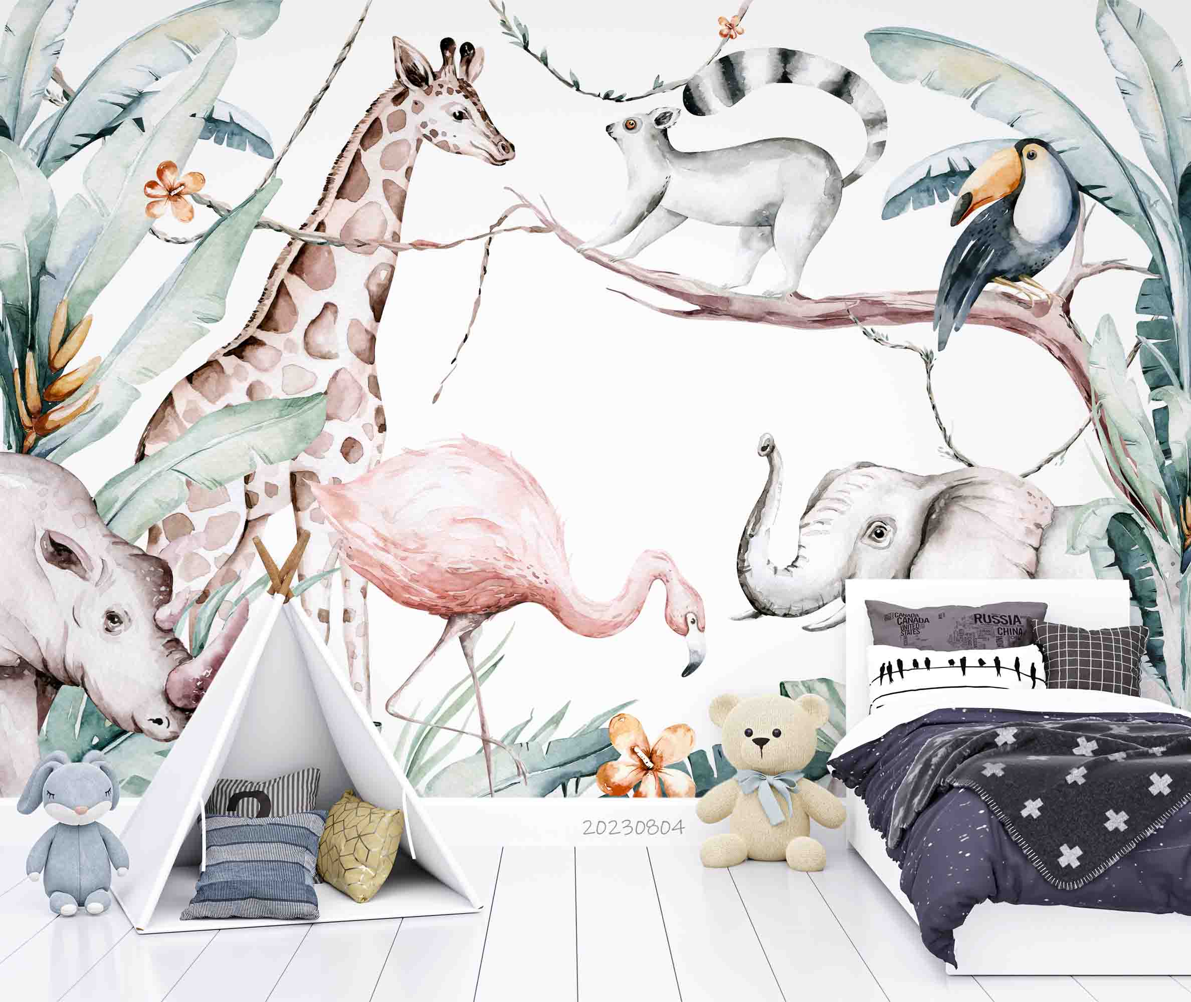 3D Animal Flamingo Giraffe Cat Elephant Rhinoceros Leaf Wall Mural Wallpaper YXL 2532