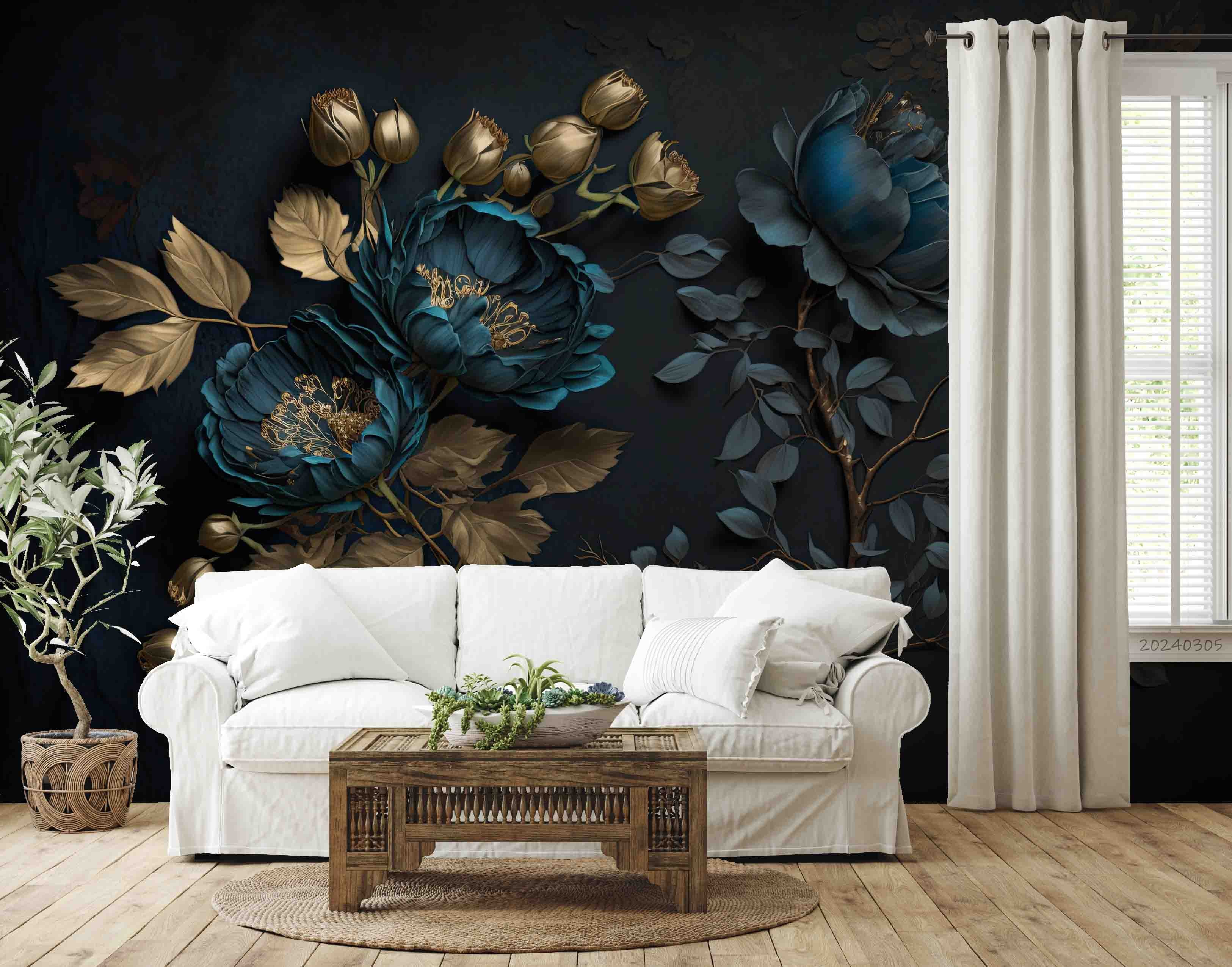 3D Blue Floral Gold Leaves Dark Background Wallpaper Wall Mural Wall Decor Wall Art Wall Sticker Remoable Wallpaper