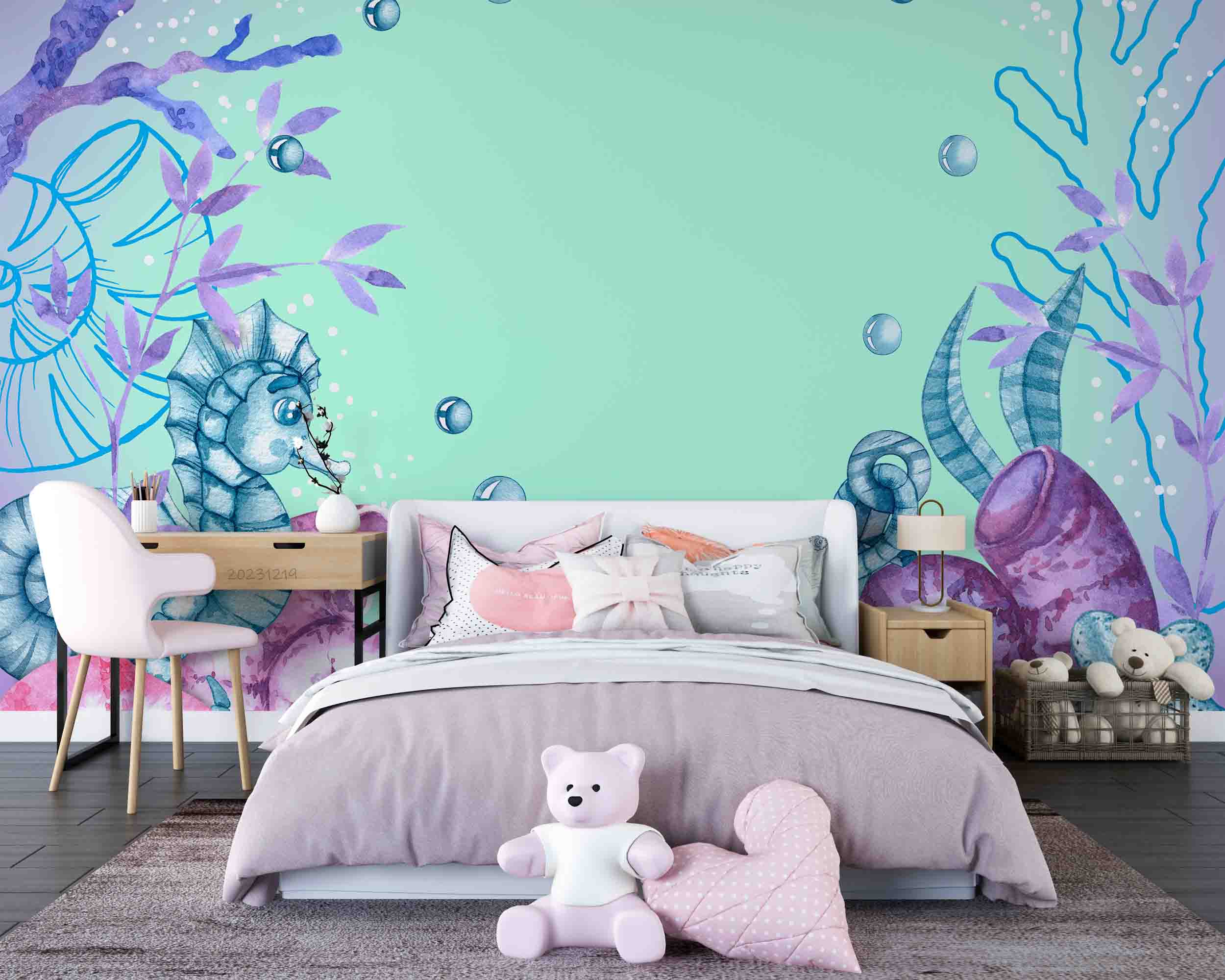 3D Animal Sea Sea Horse Conch Starfish Bubble Wall Mural Wallpaper YXL 55