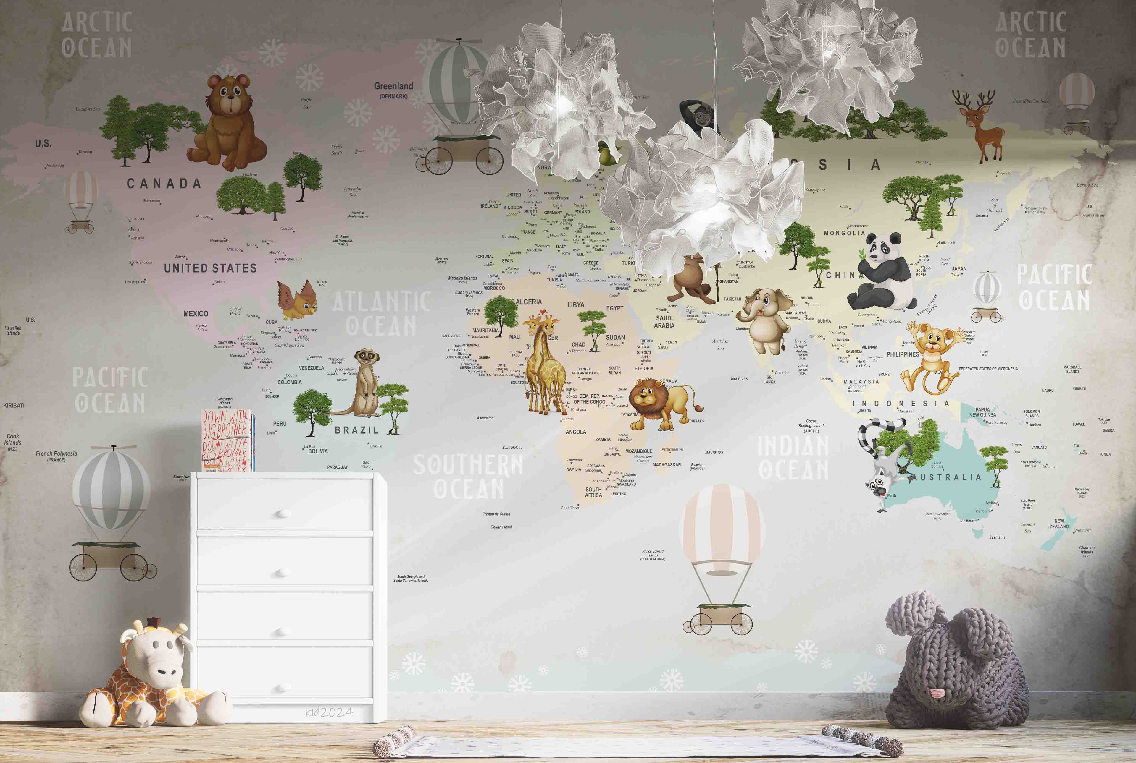 3D World Map Hydrogen Balloon Zoon Wall Mural Wallpaper YXL 356