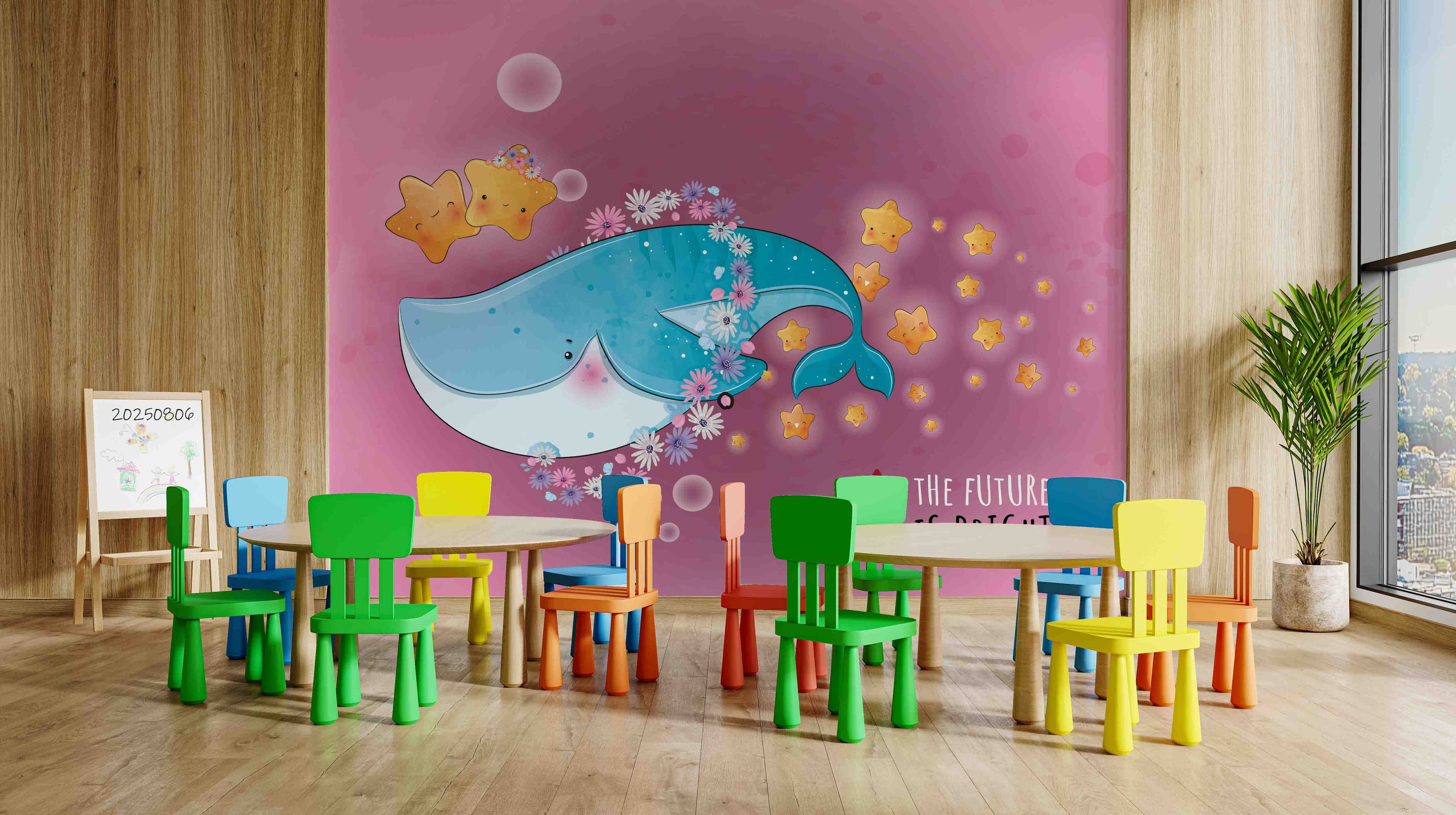 3D Childcare Nursery School Cartoon Kids Whale Wall Mural Wallpaper JN