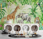 3D Animal Tree Elephant Giraffe  Parrot Cheetah Tiger Wall Mural Wallpaper YXL 2552