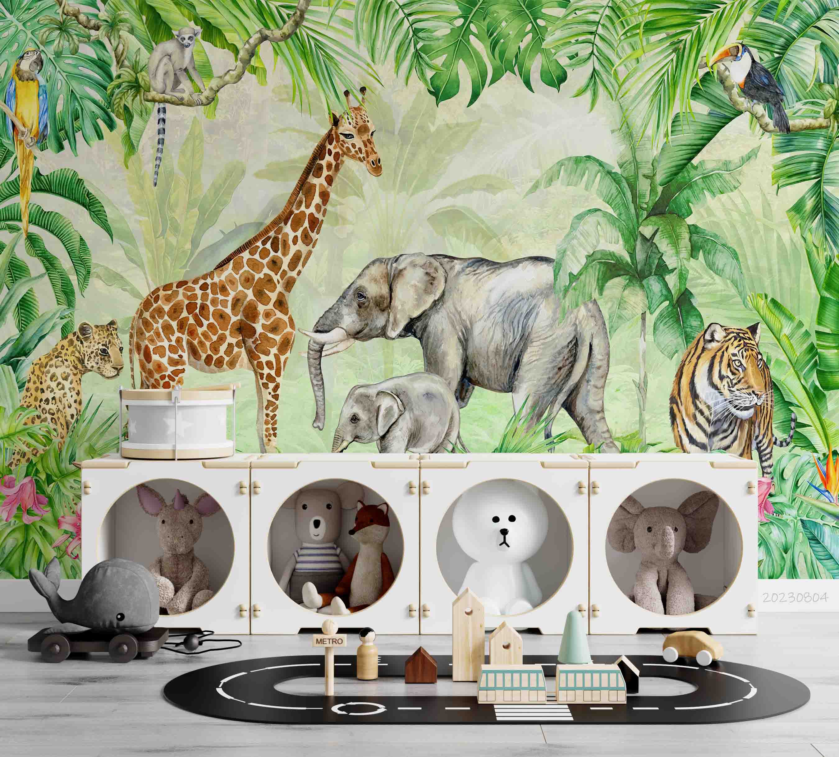 3D Animal Tree Elephant Giraffe  Parrot Cheetah Tiger Wall Mural Wallpaper YXL 2552