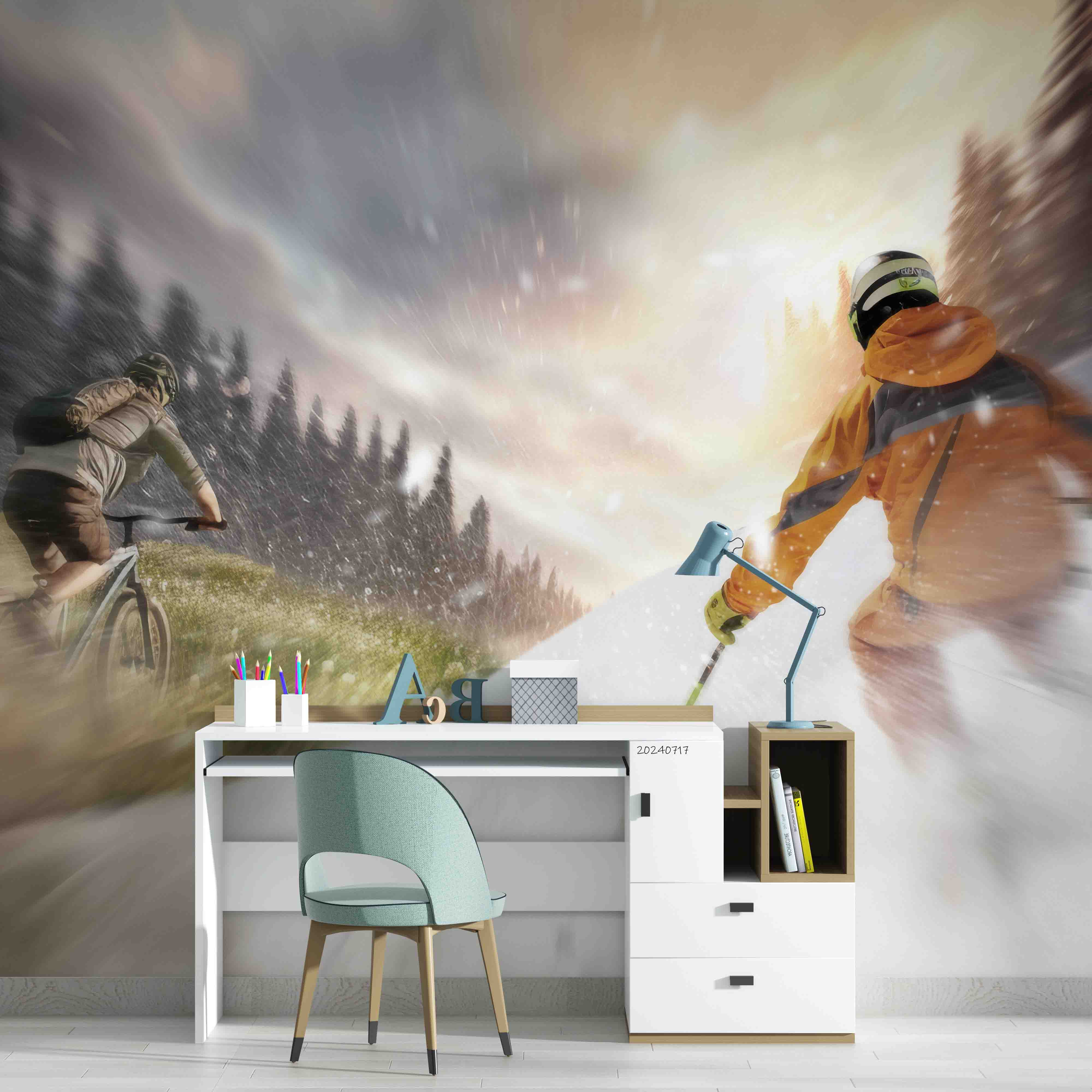 3D Tree Skiing Person Snow White Wall Mural Wallpaper YXL 90