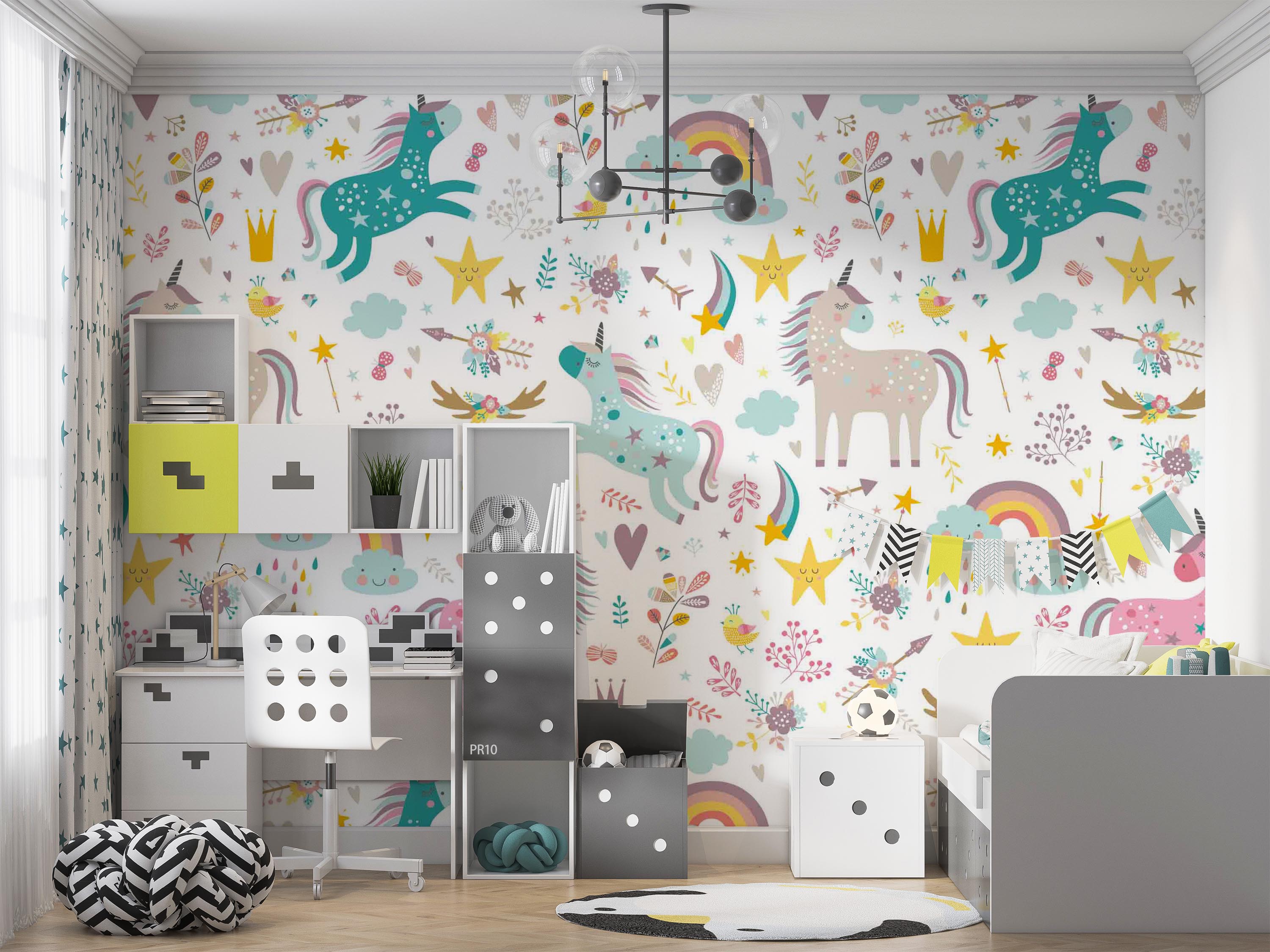 3D Cartoon Unicorn Cloud Rain Star Bird Wall Mural Wallpaper GD 4715- Jess Art Decoration