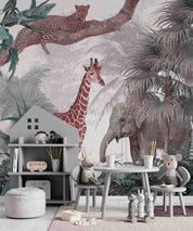 3D Animal Tree Elephant Giraffe Cheetah Wall Mural Wallpaper YXL 2545