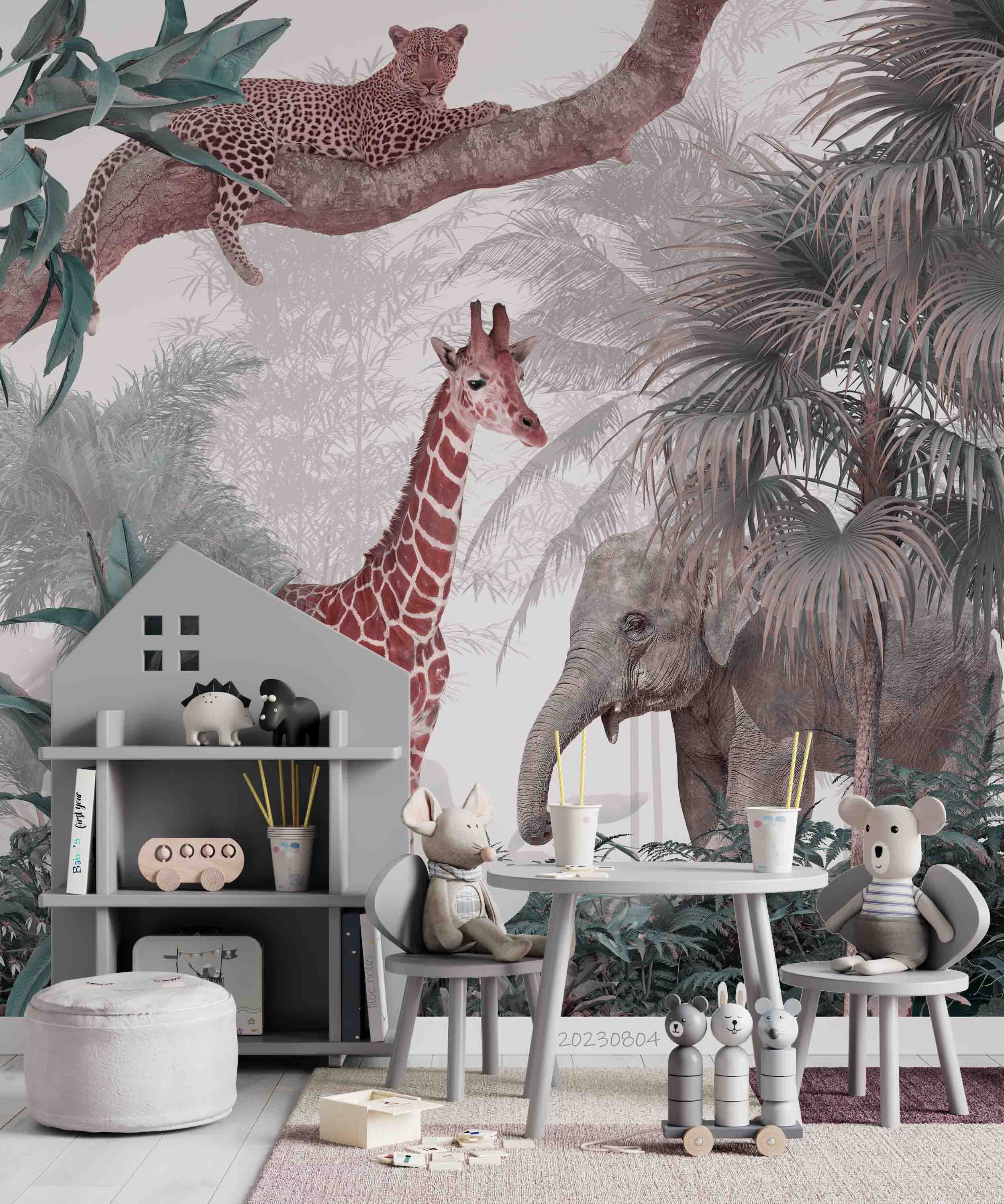 3D Animal Tree Elephant Giraffe Cheetah Wall Mural Wallpaper YXL 2545