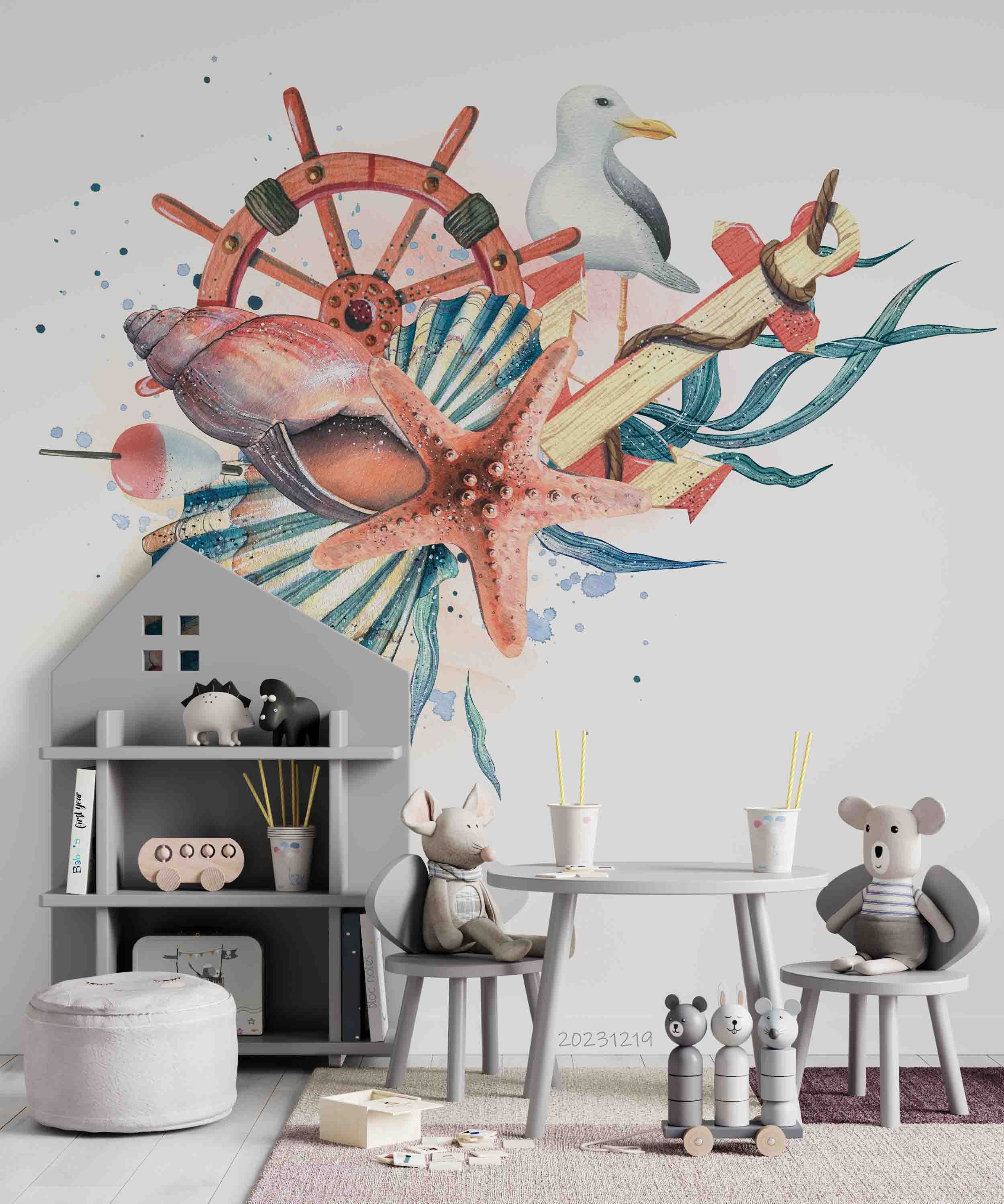 3D Animal Conch Sea Horse Duck Rudder Wave Point Wall Mural Wallpaper YXL 23