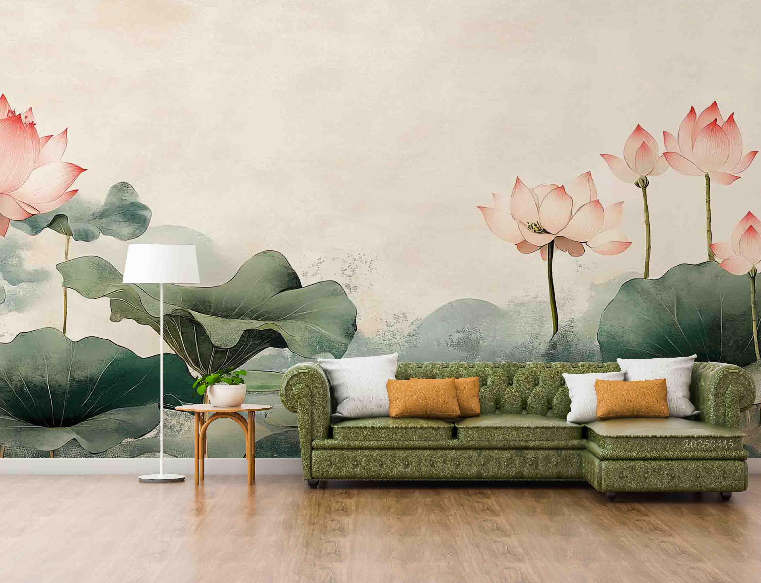 3D Hand Drawn Pink Lotus Green Leaves Wallpaper Wall Mural Wall Decor Wall Art Wall Sticker Remoable Wallpaper 42
