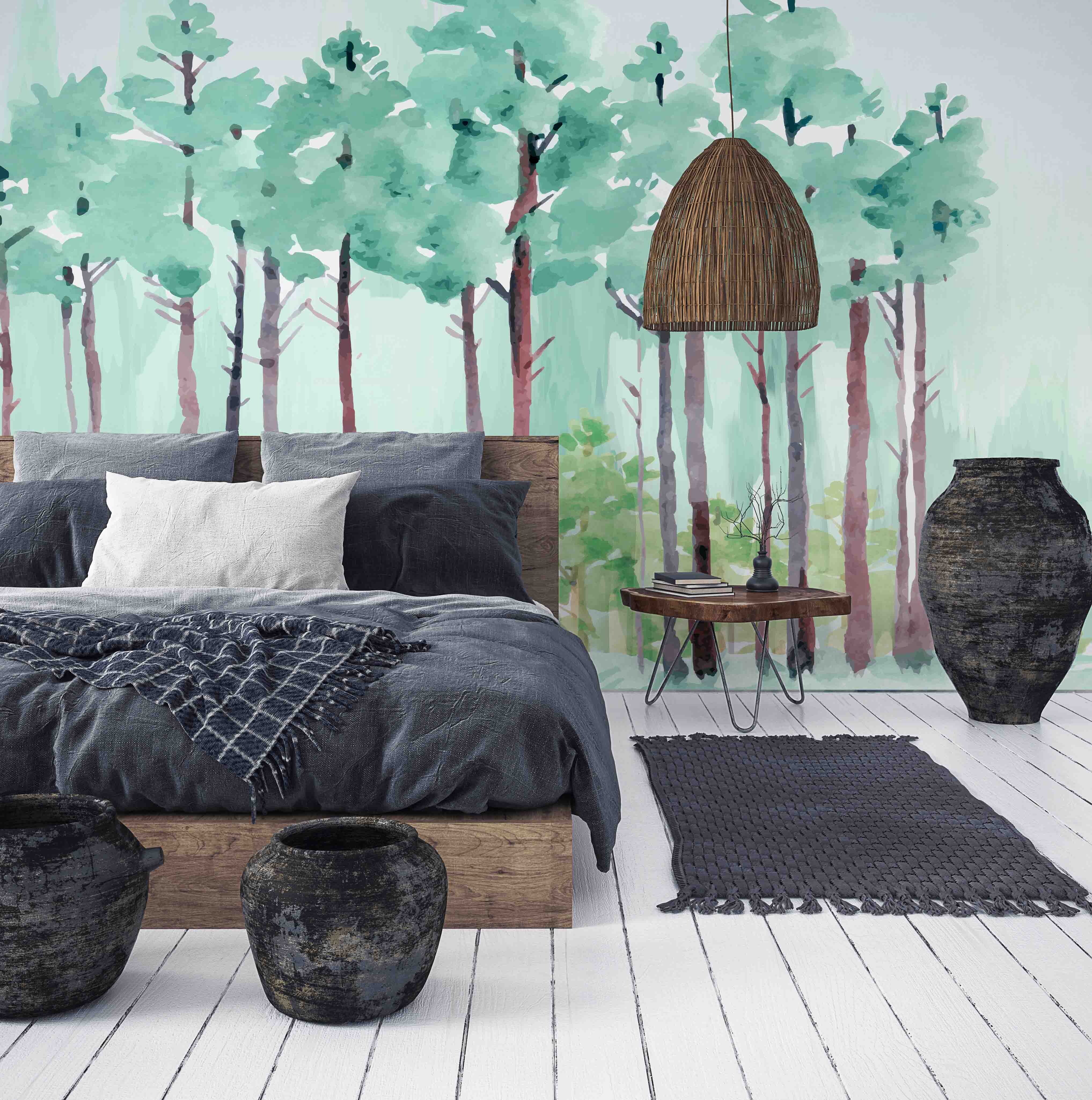 3D Green Watercolor Forest Wall Mural Wallpaper 360
