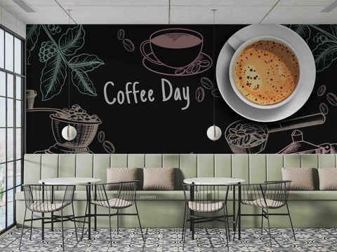 3D Vintage Style Coffee Cup Blackboard Colored Chalk Doodle Wall Mural Wallpaper GD 5505- Jess Art Decoration
