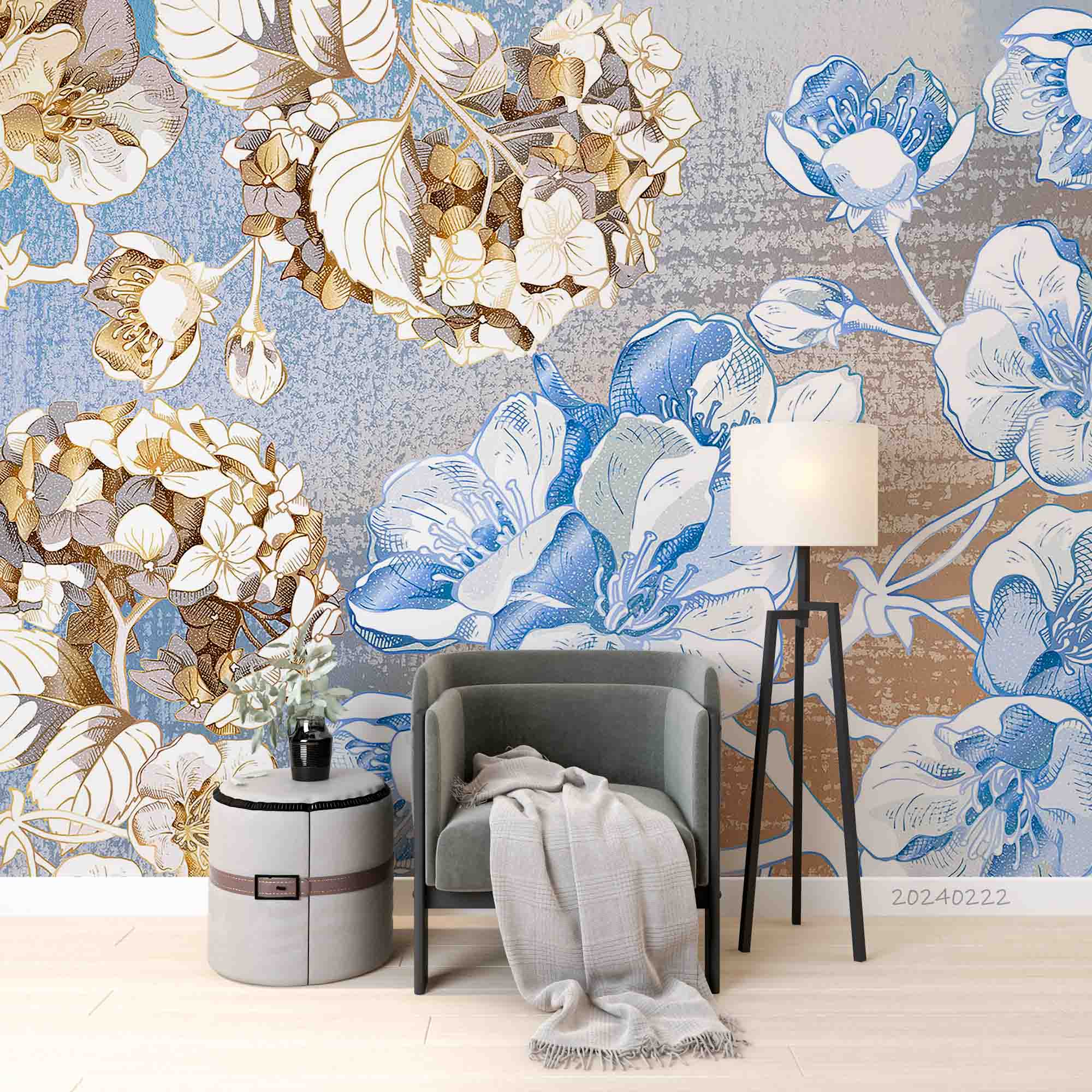3D Watercolor Blue Brown Floral Wallpaper Wall Mural Wall Decor Wall Art Wall Sticker Remoable Wallpaper LQH 13